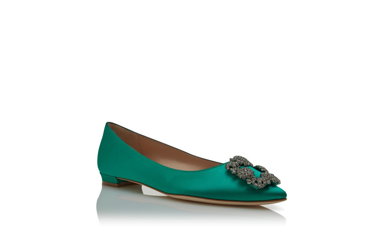 Green Satin Jewel Buckle Flat Shoes - 3