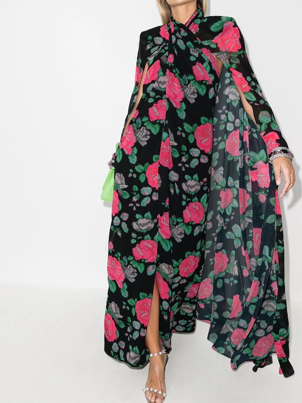 floral-print cape-back gown - 2