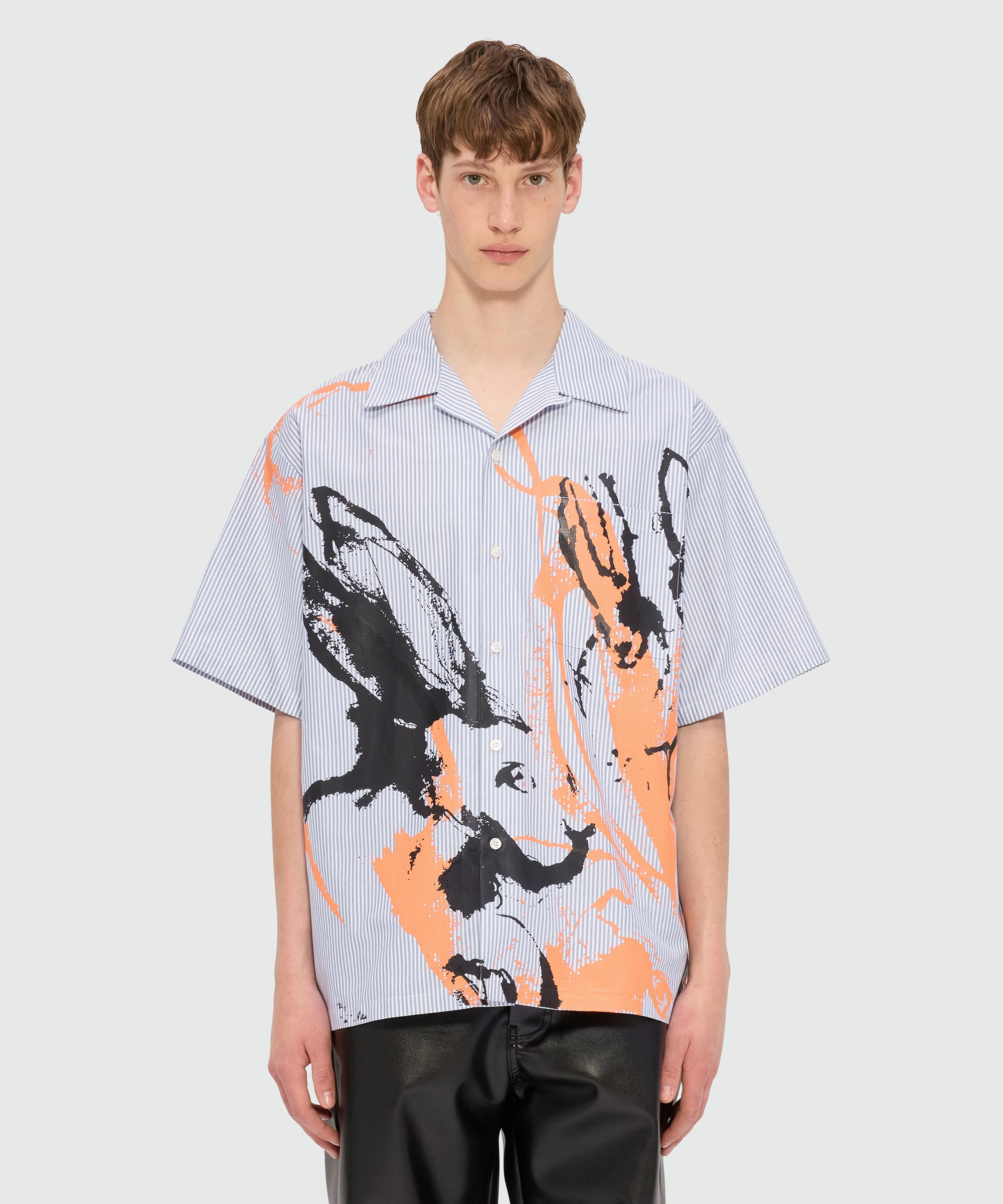 Blue Oxford striped bowling shirt with "Sketched Bunnies" print - 2