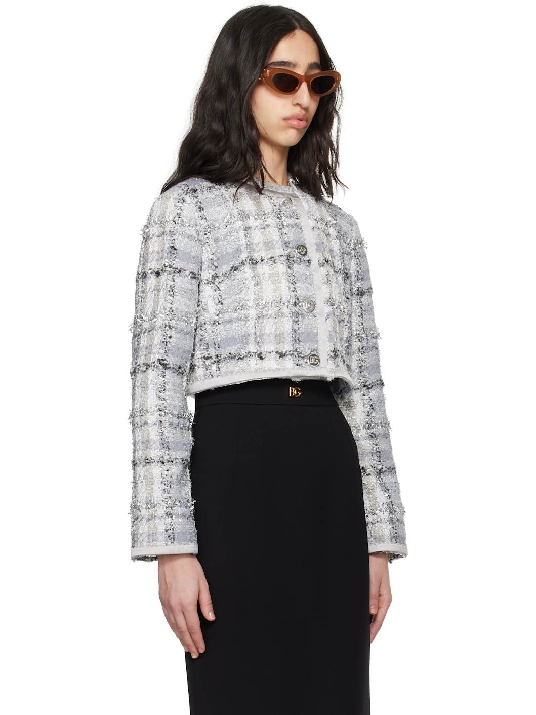 Gray Short Check Lurex Raschel Tweed Jacket - 2