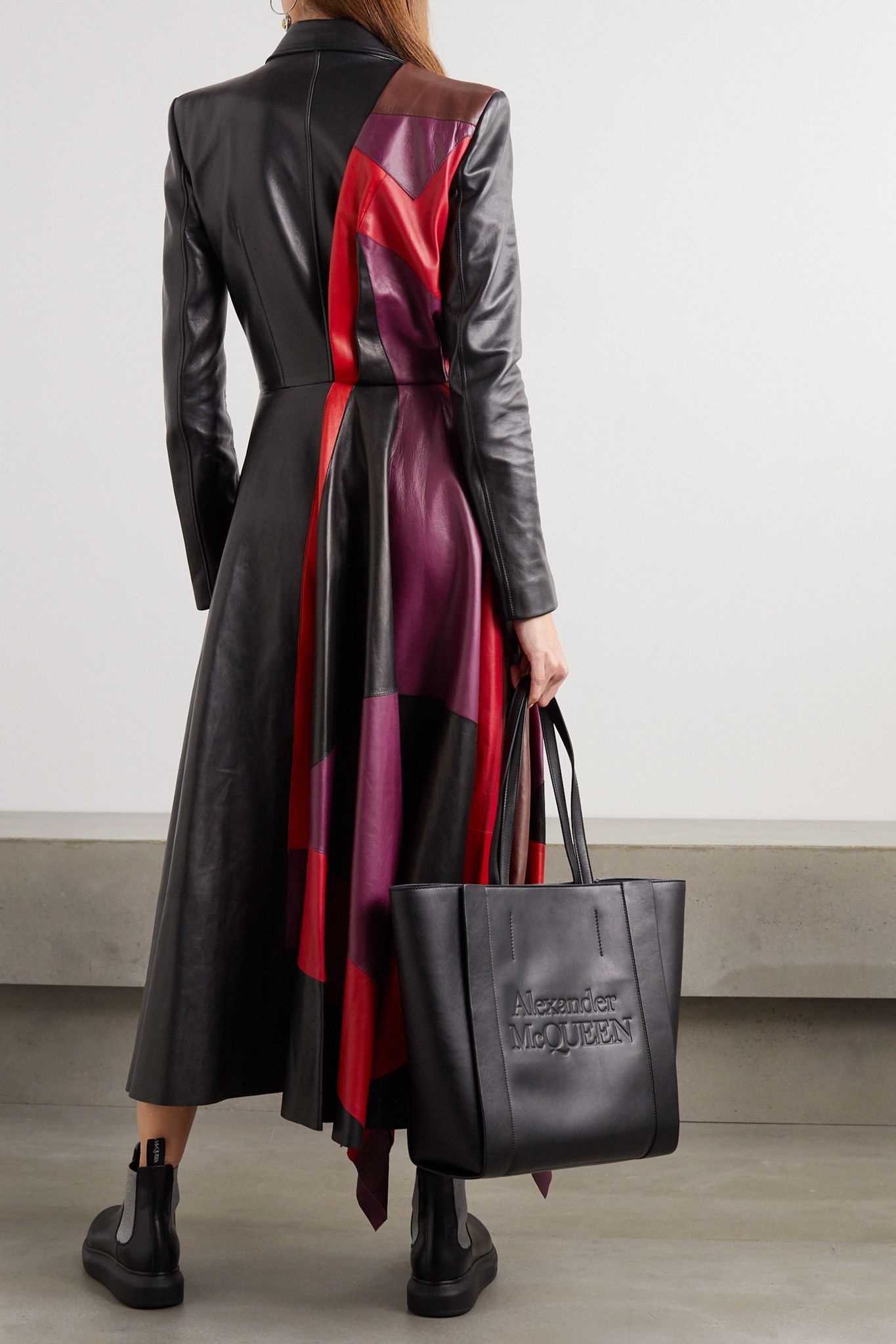 Asymmetric color-block leather coat  - 3