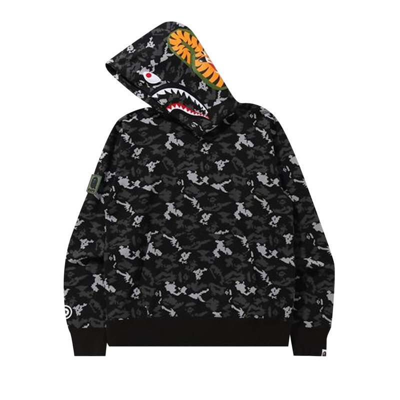 A BATHING APE® BAPE Digital Camo Shark Wide Pullover Hoodie 'Black' outlook