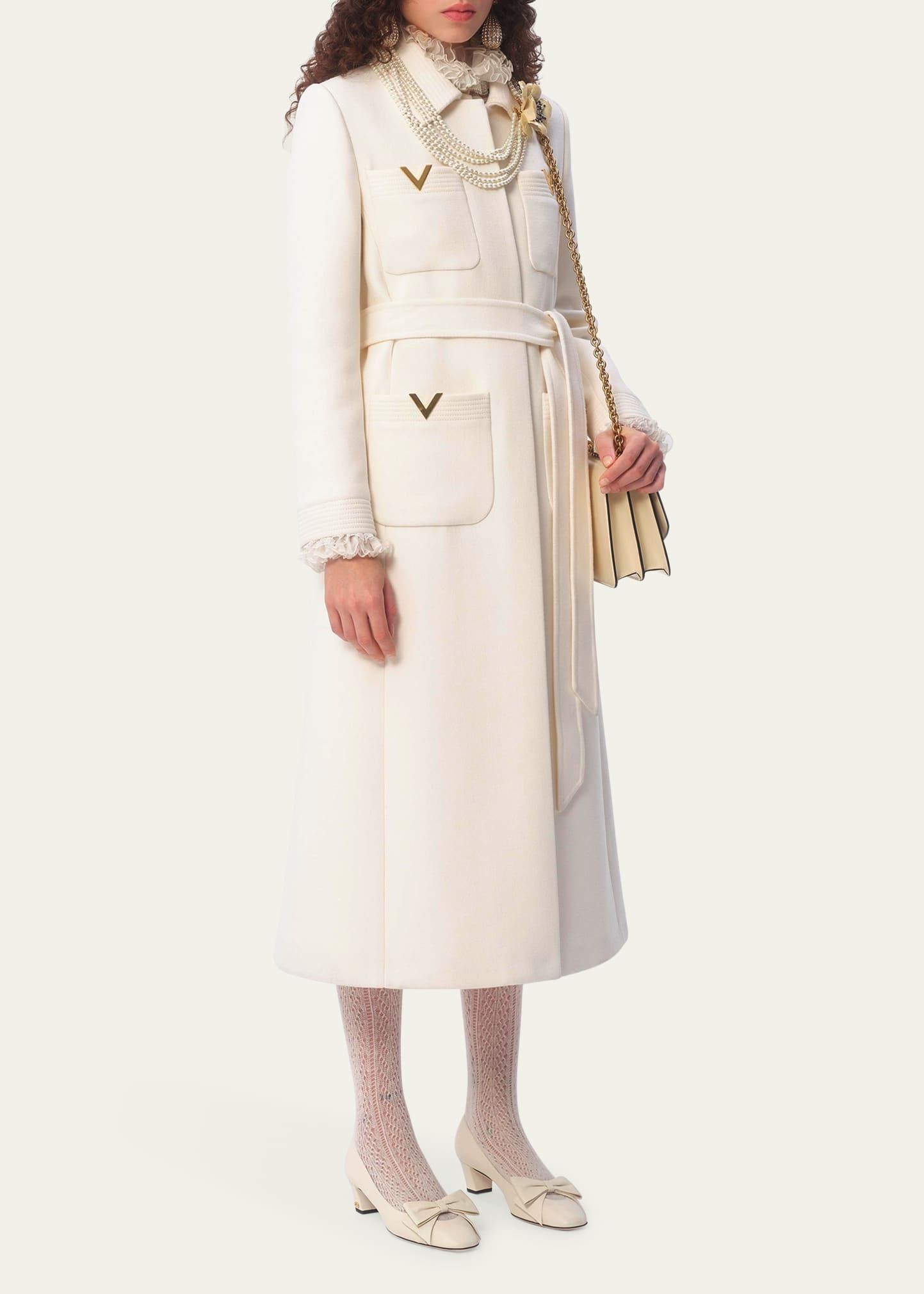 V Logo Collared Wool Coat - 4