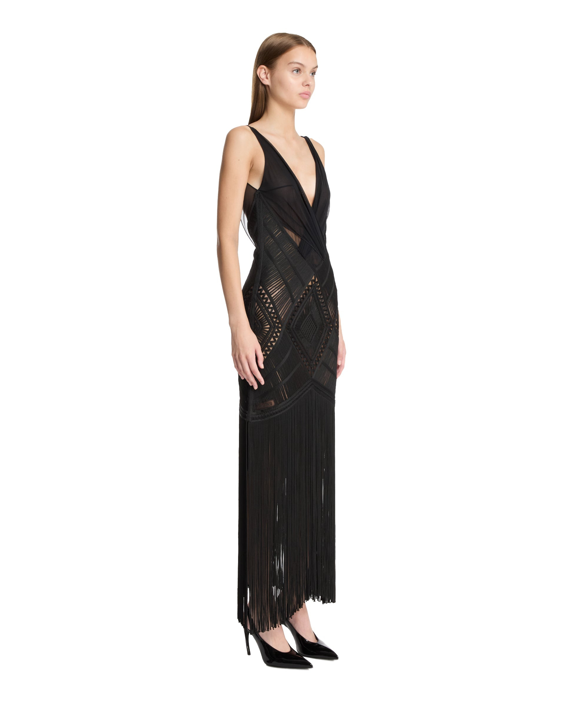 Black Embroidered Tulle Midi Dress - 4