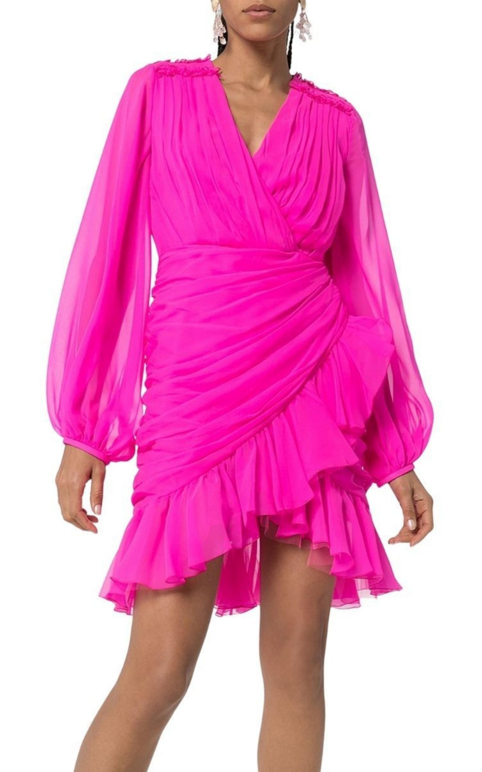 Ruched Neon Silk-Chiffon Mini Dress - 3