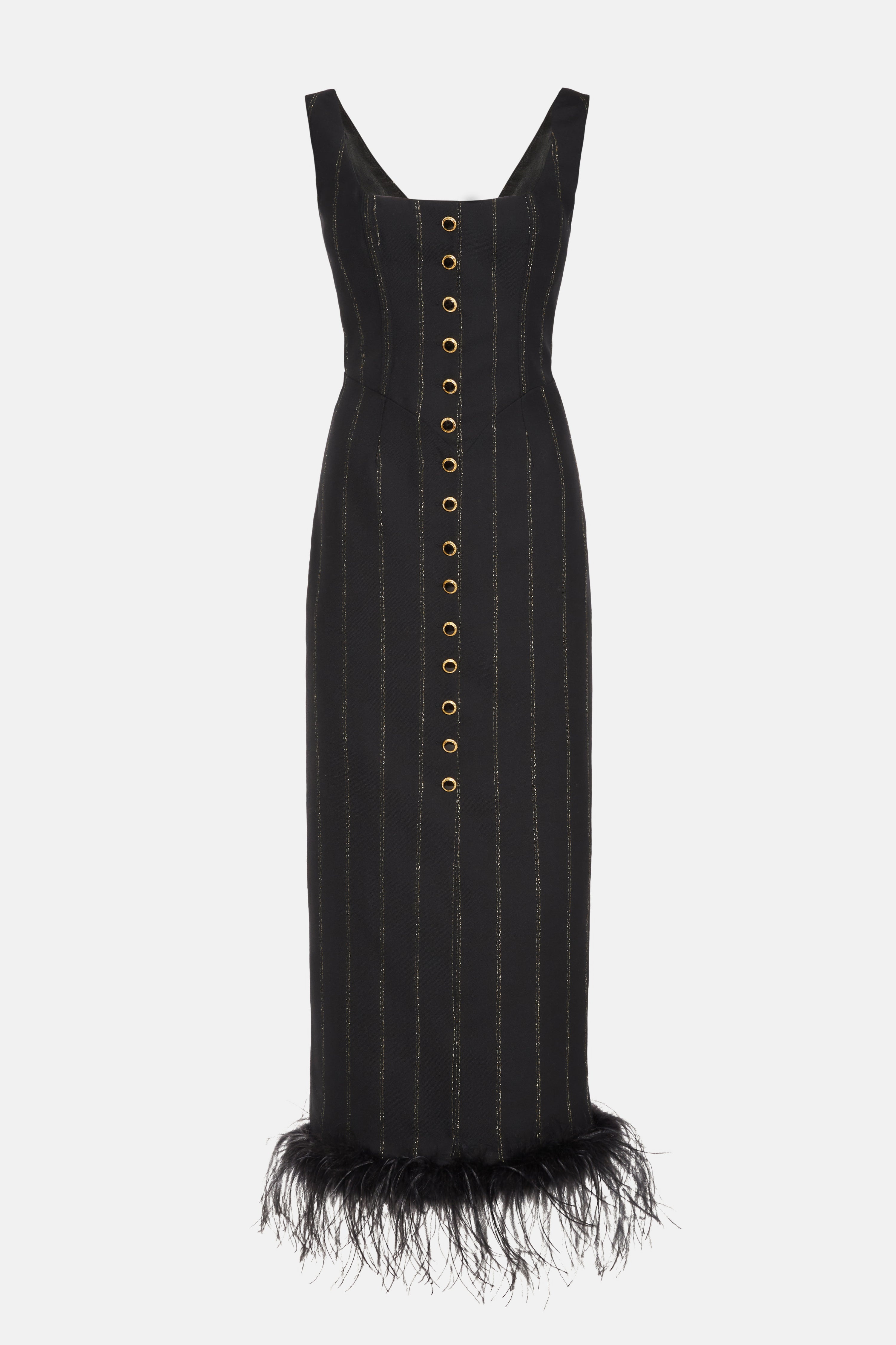 LIGHT WOOL LUREX PINSTRIPE DRESS WITH FEATHERS - 1