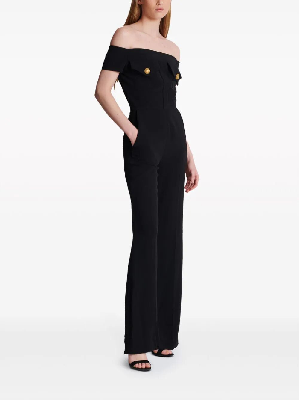 Balmain Women Off-Shoulders Flare Crepe Jumpsuit - 7