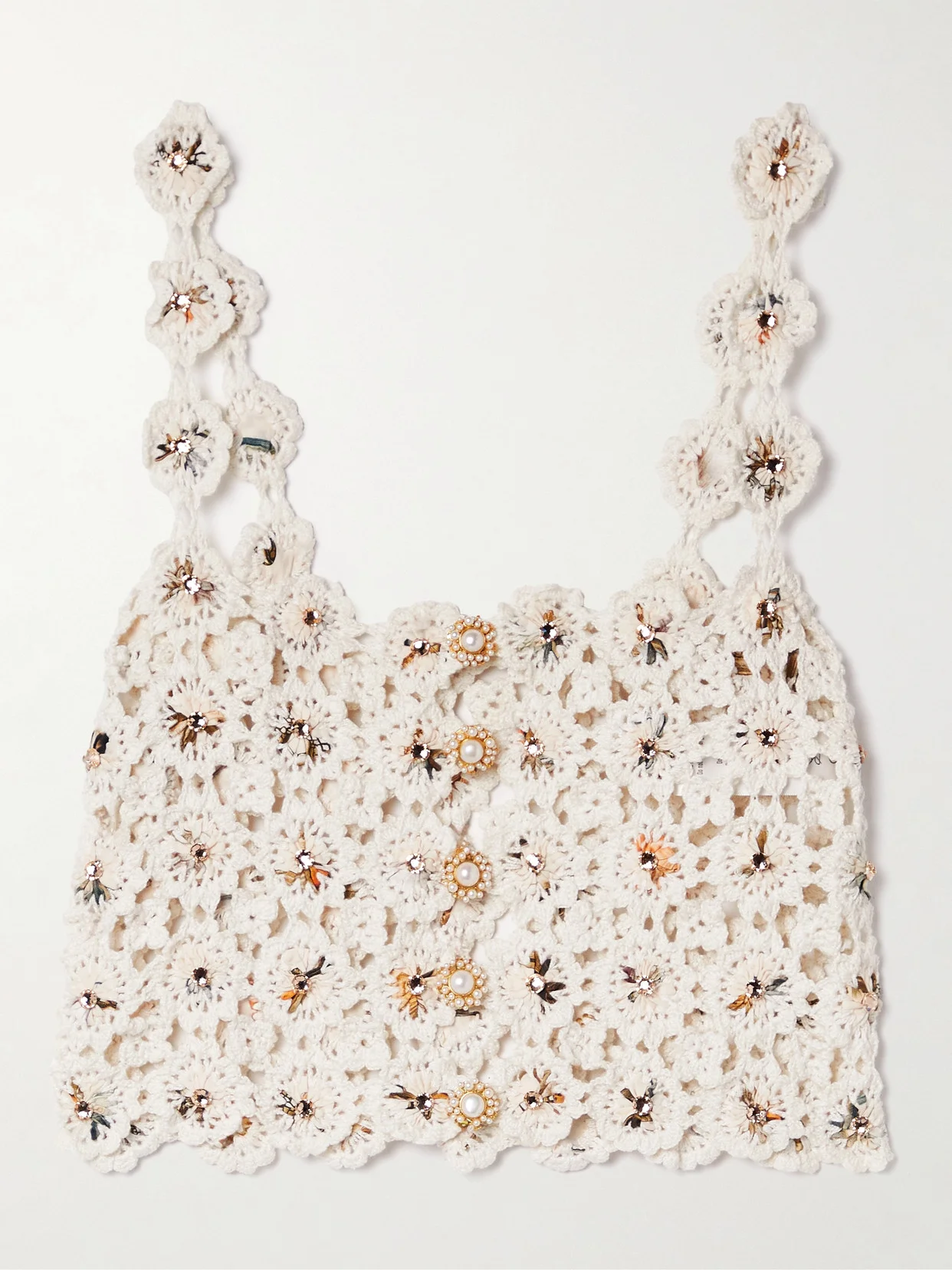 + Net Sustain Zilia Caracola Cropped Embellished Printed Crepe And Crocheted Cotton Top - 1