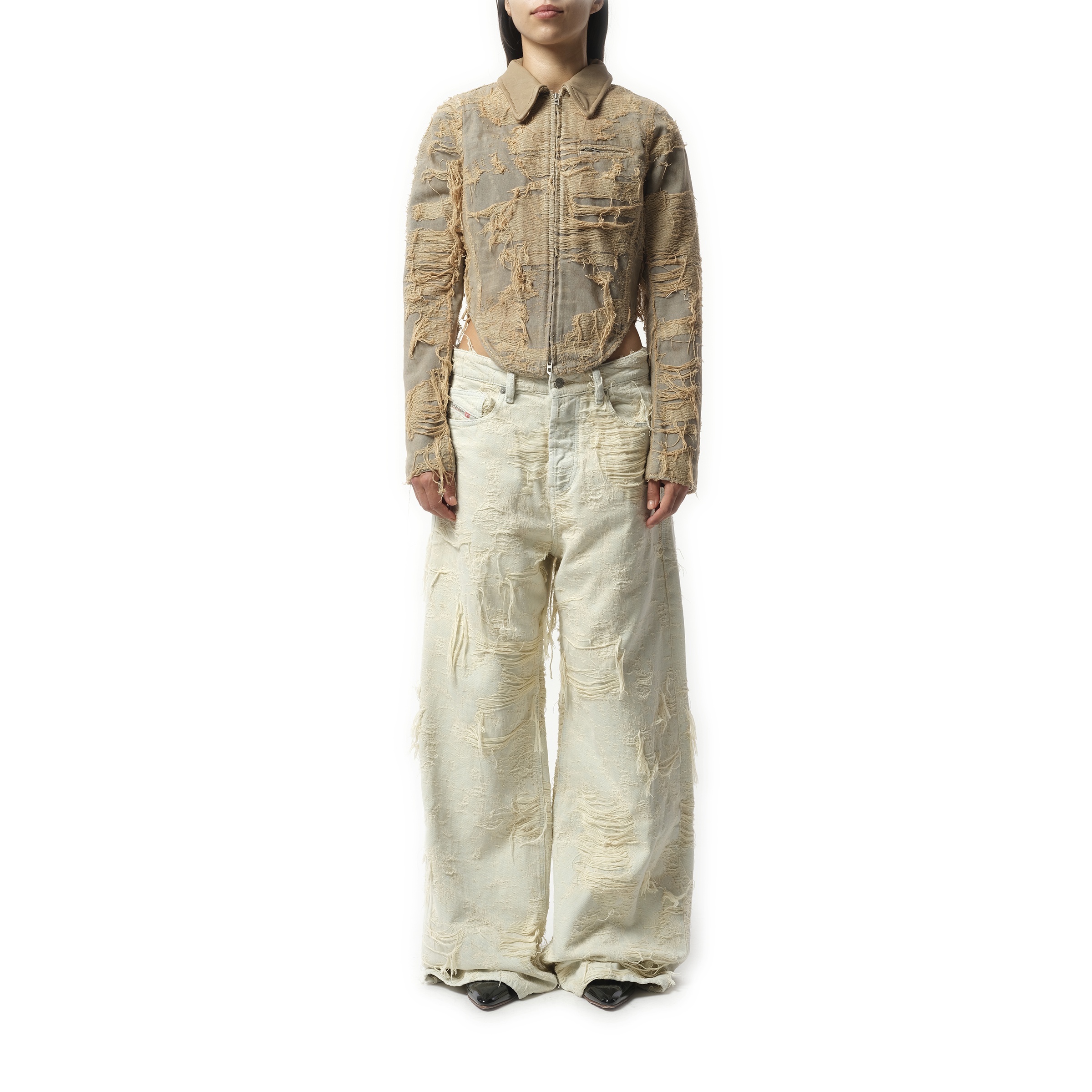 Distressed Effect Denim Jacket in Beige - 4