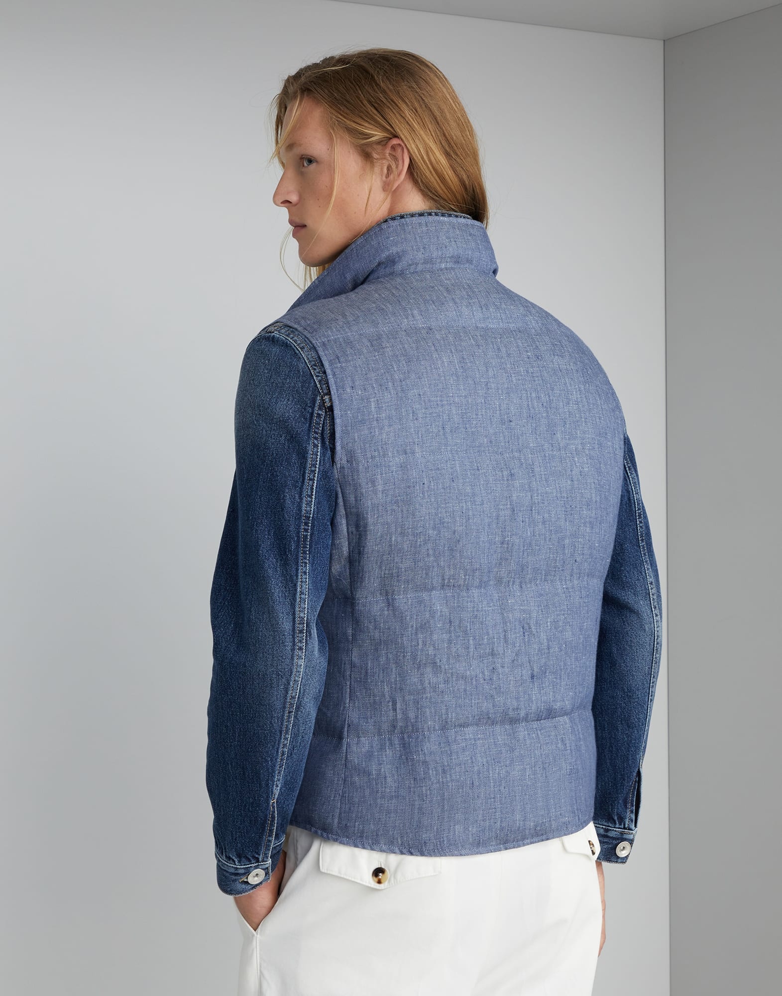 Denim-effect linen down vest - 2