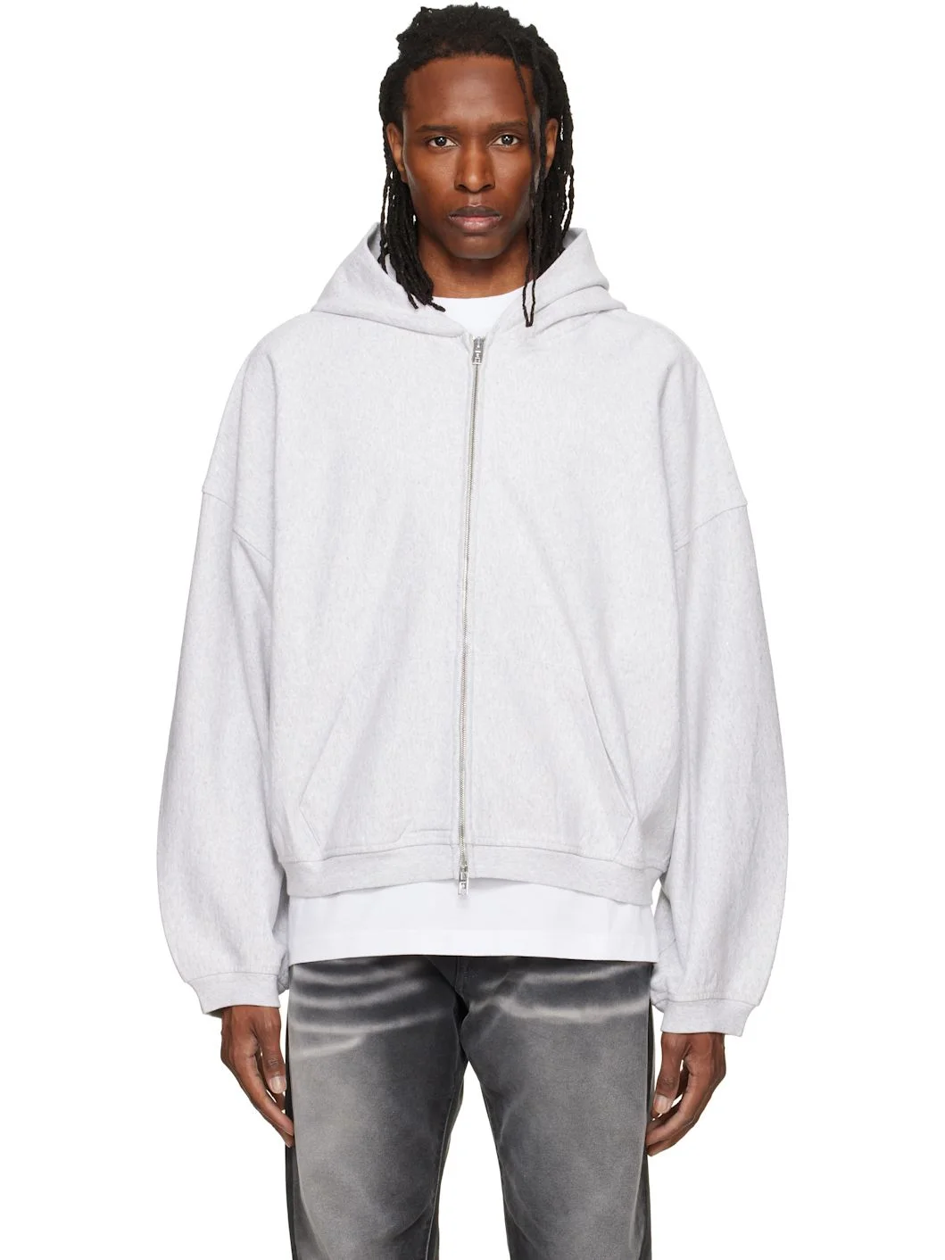Gray Crystal Embellished Oversized Zip-Up Hoodie - 1