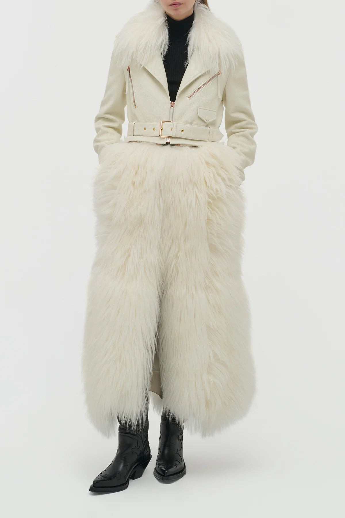Brymwylf Convertible Coat in White Textured Leather & Cashmere Shearling - 2