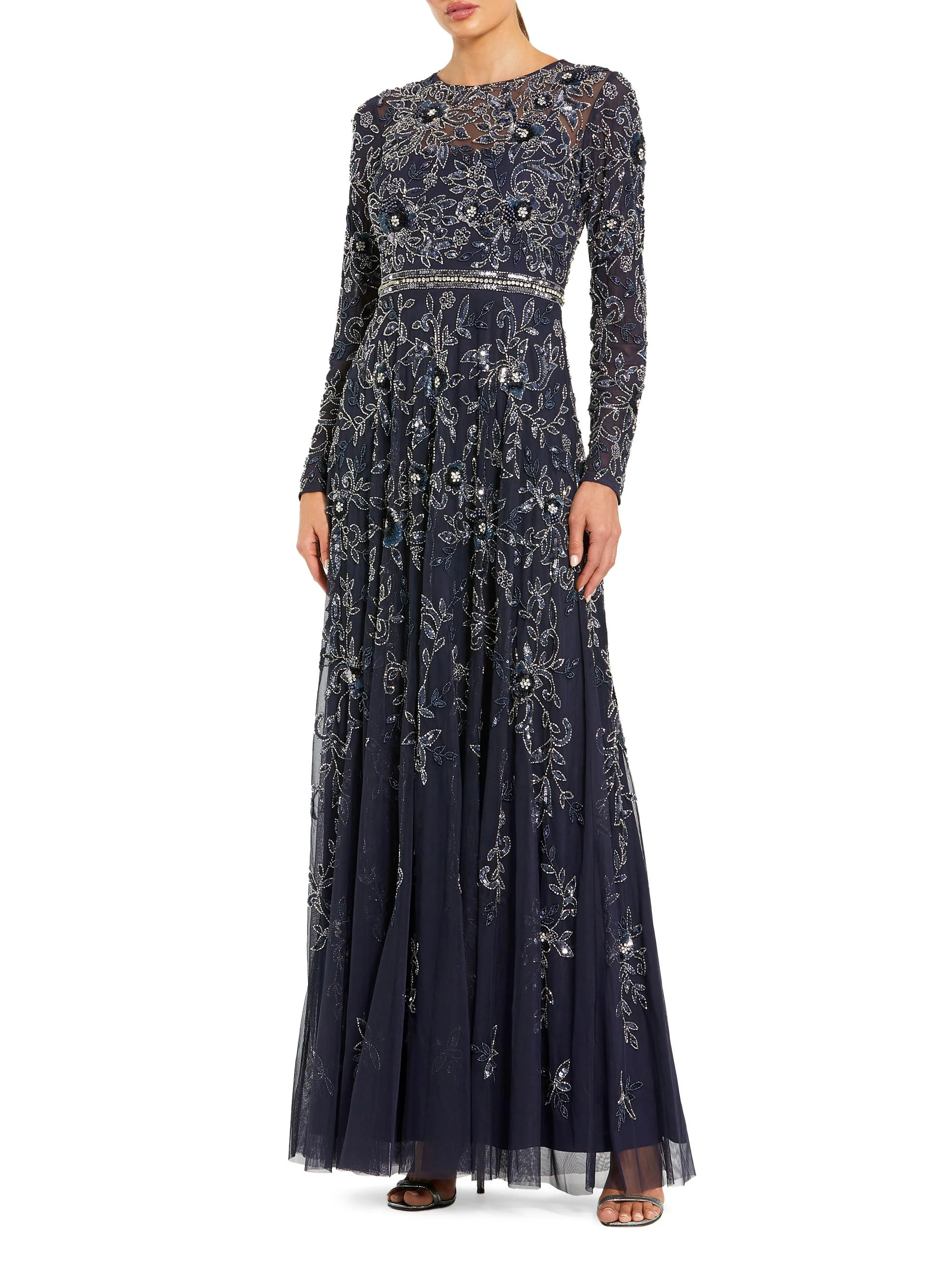 Women's Floral-Embellished Mesh A-Line Gown - Midnight - 1