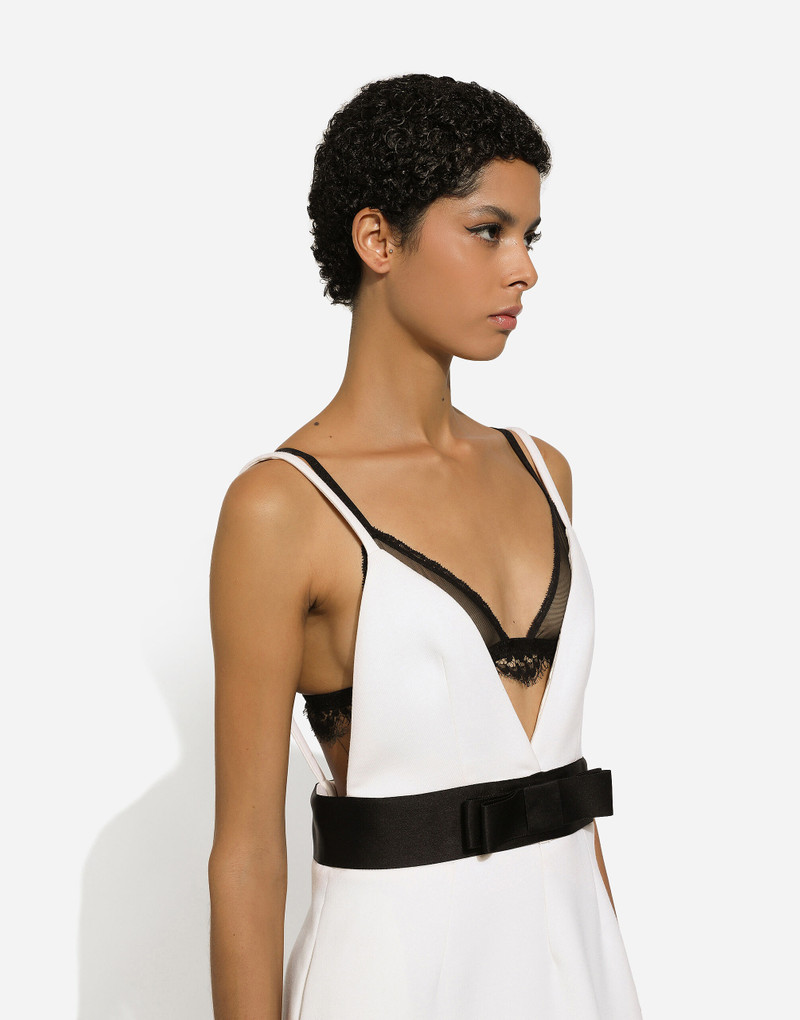 Short woolen dress with satin belt and straps 6