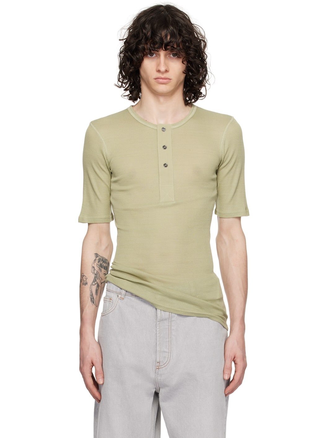 Green Ribbed Henley - 1