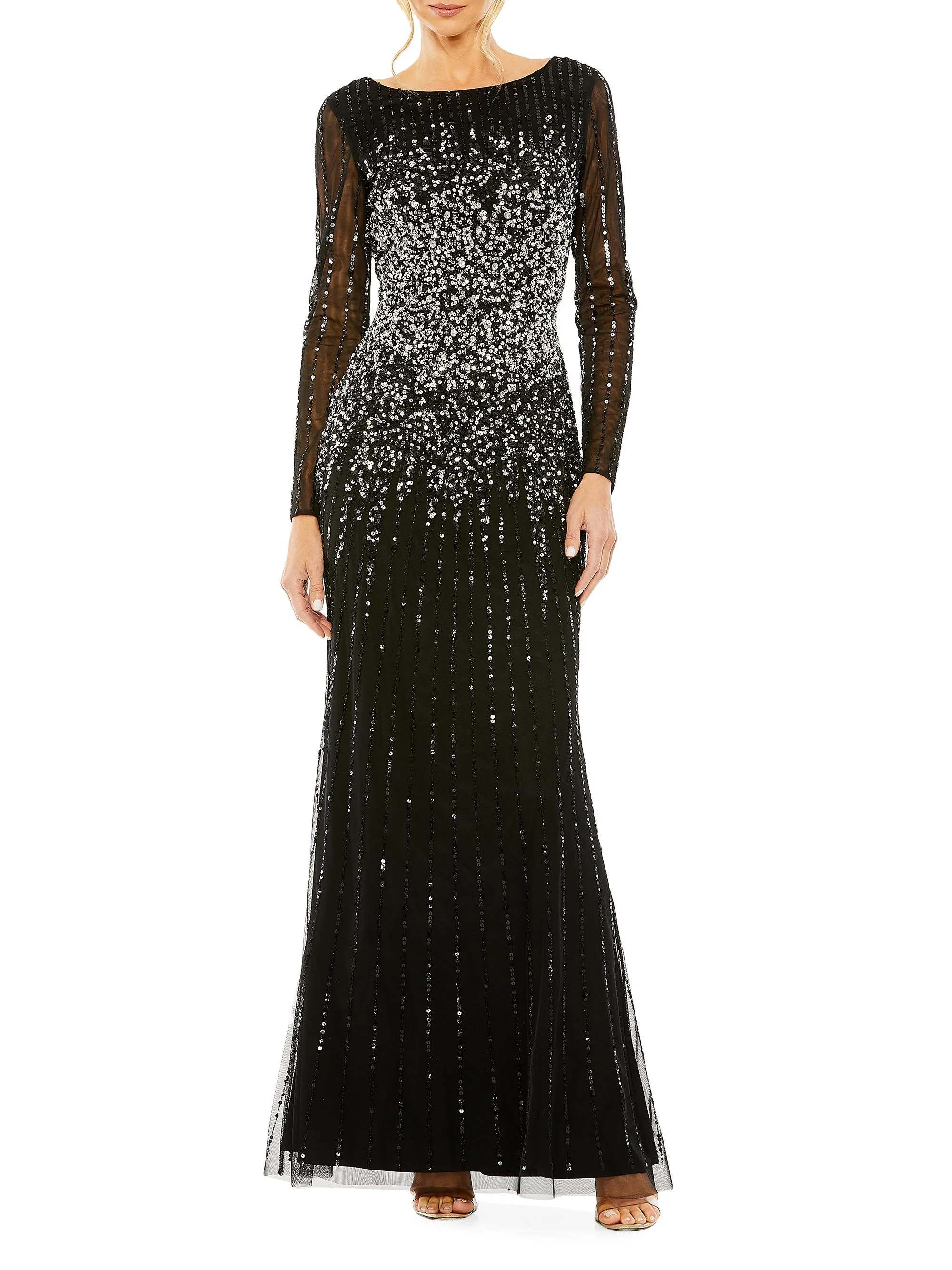 Women's Sequined Fit & Flare Gown - Black - 1