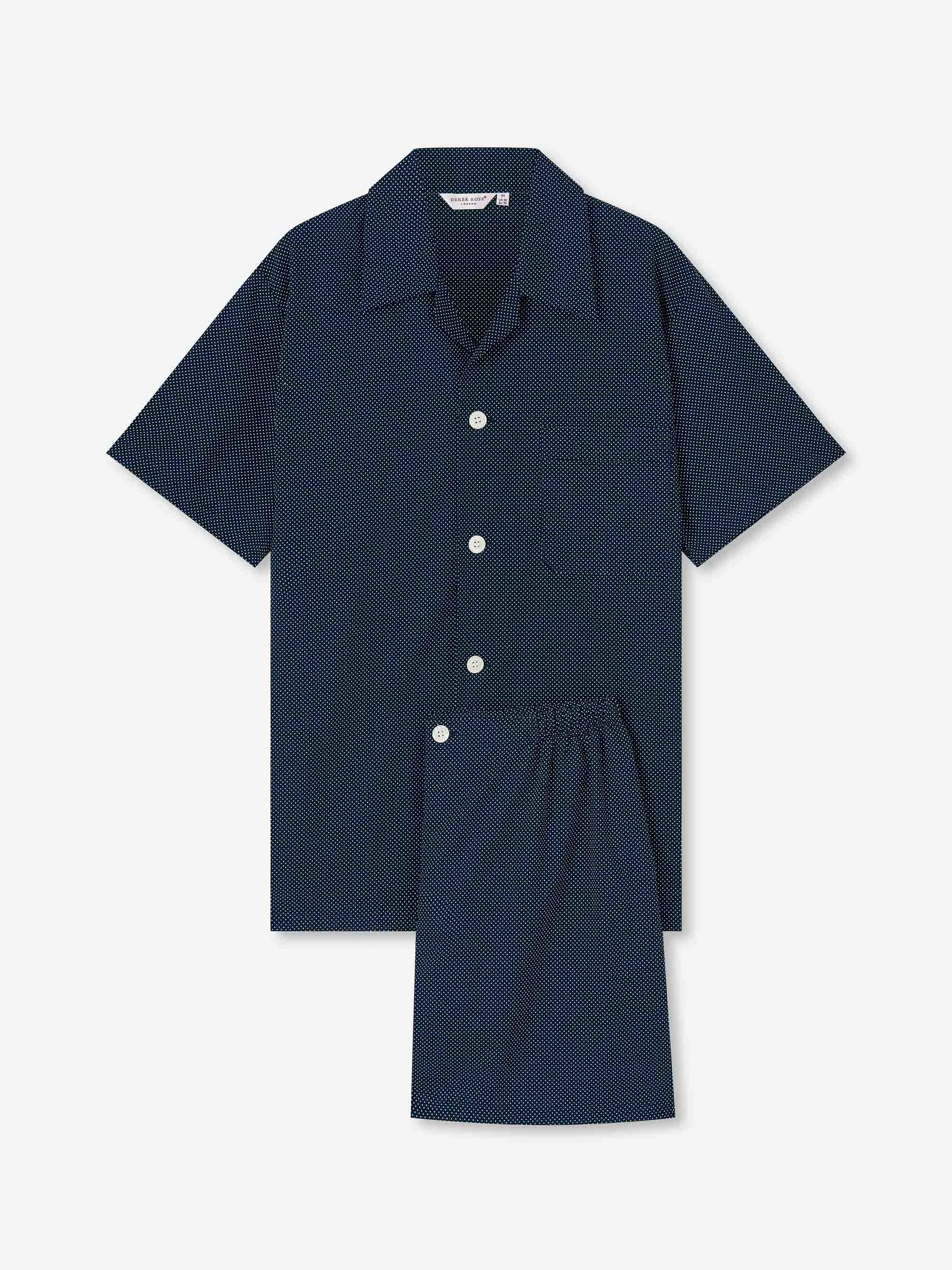 Men's Short Pajamas Cotton Batiste Navy Pin Dot Print - 1