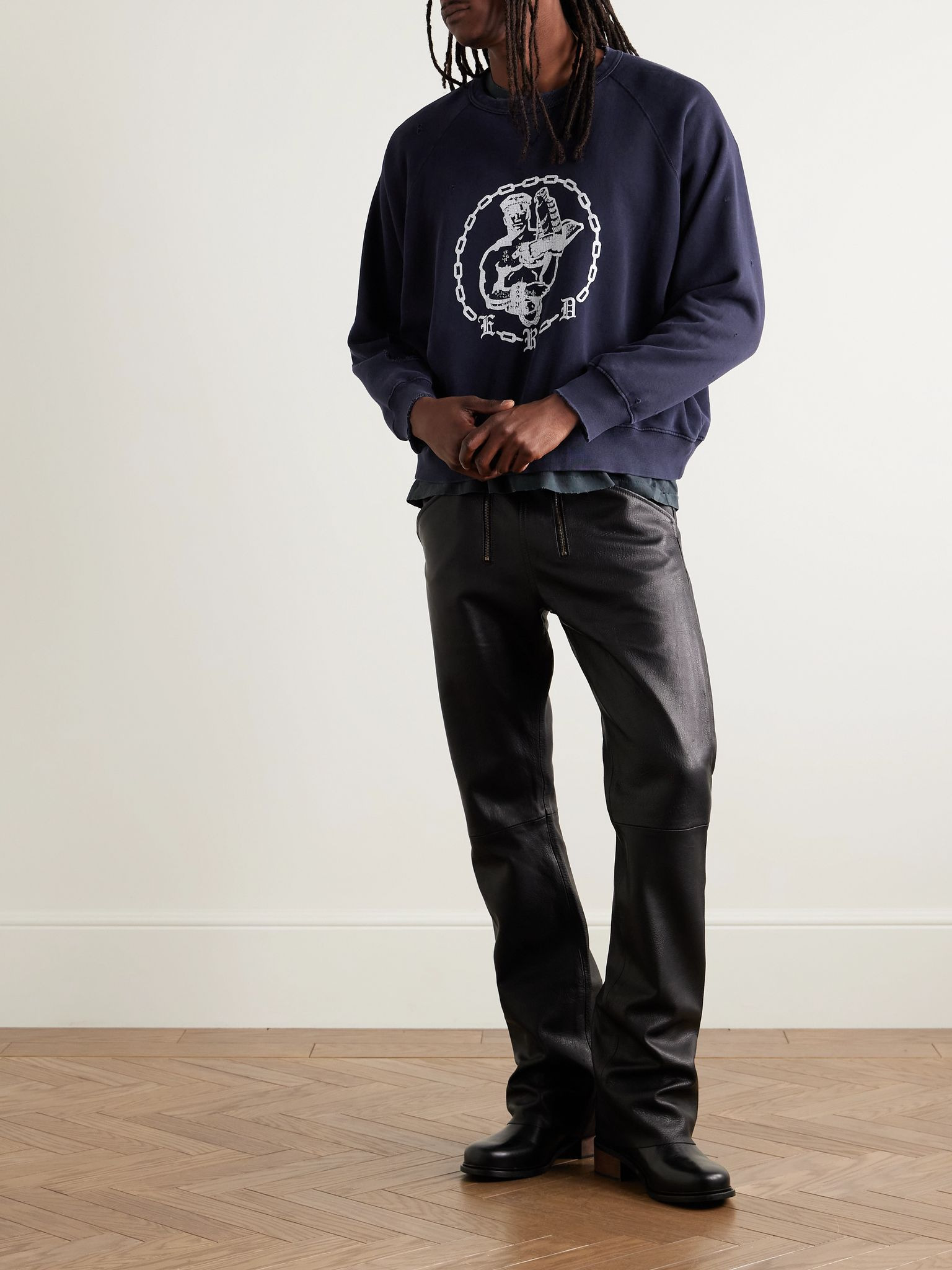 Enfants En Chaine Printed Distressed Cotton-Jersey Sweatshirt Navy - 2