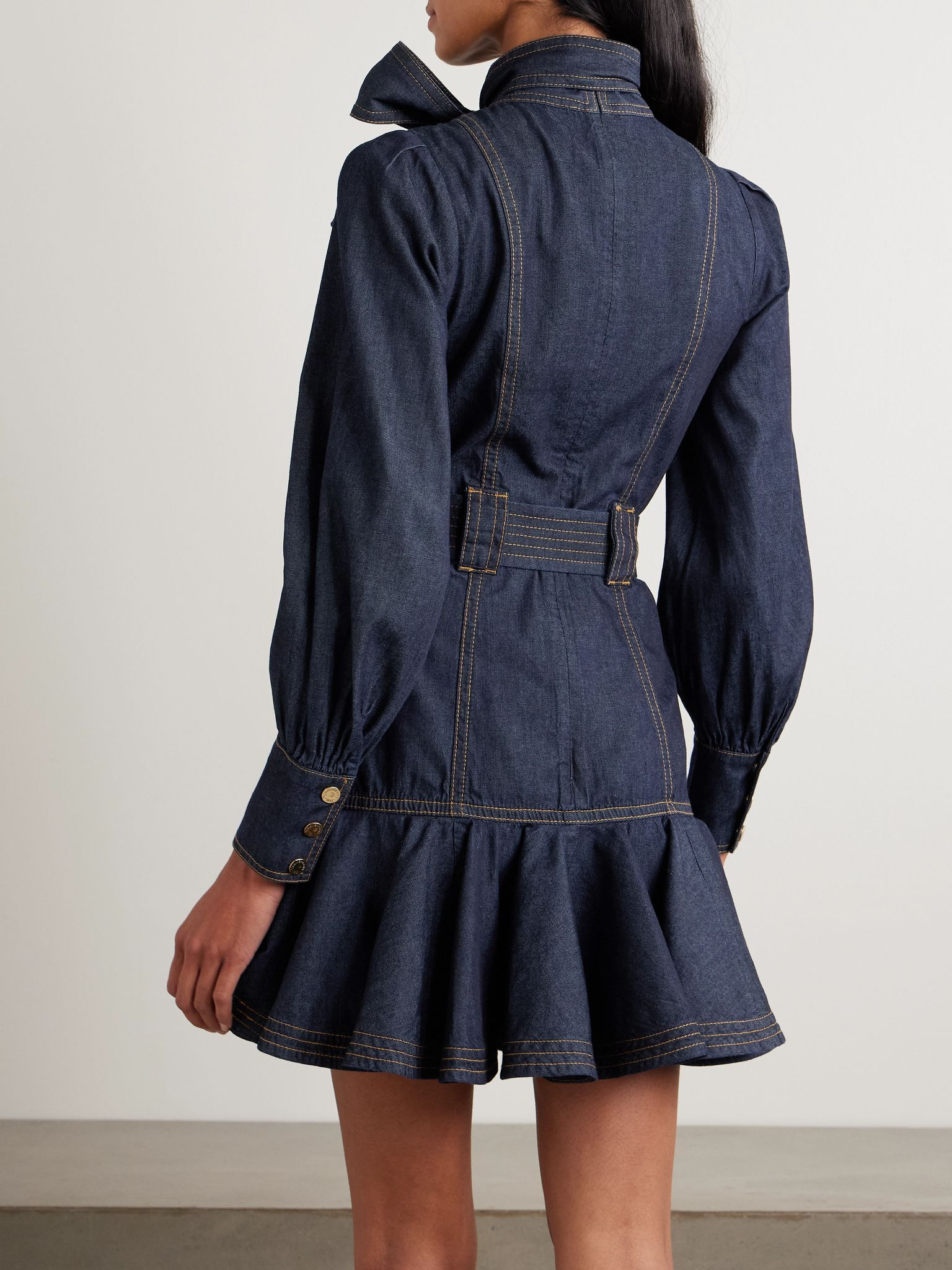 Tie-detailed belted ruffled denim mini dress Dark denim - 3