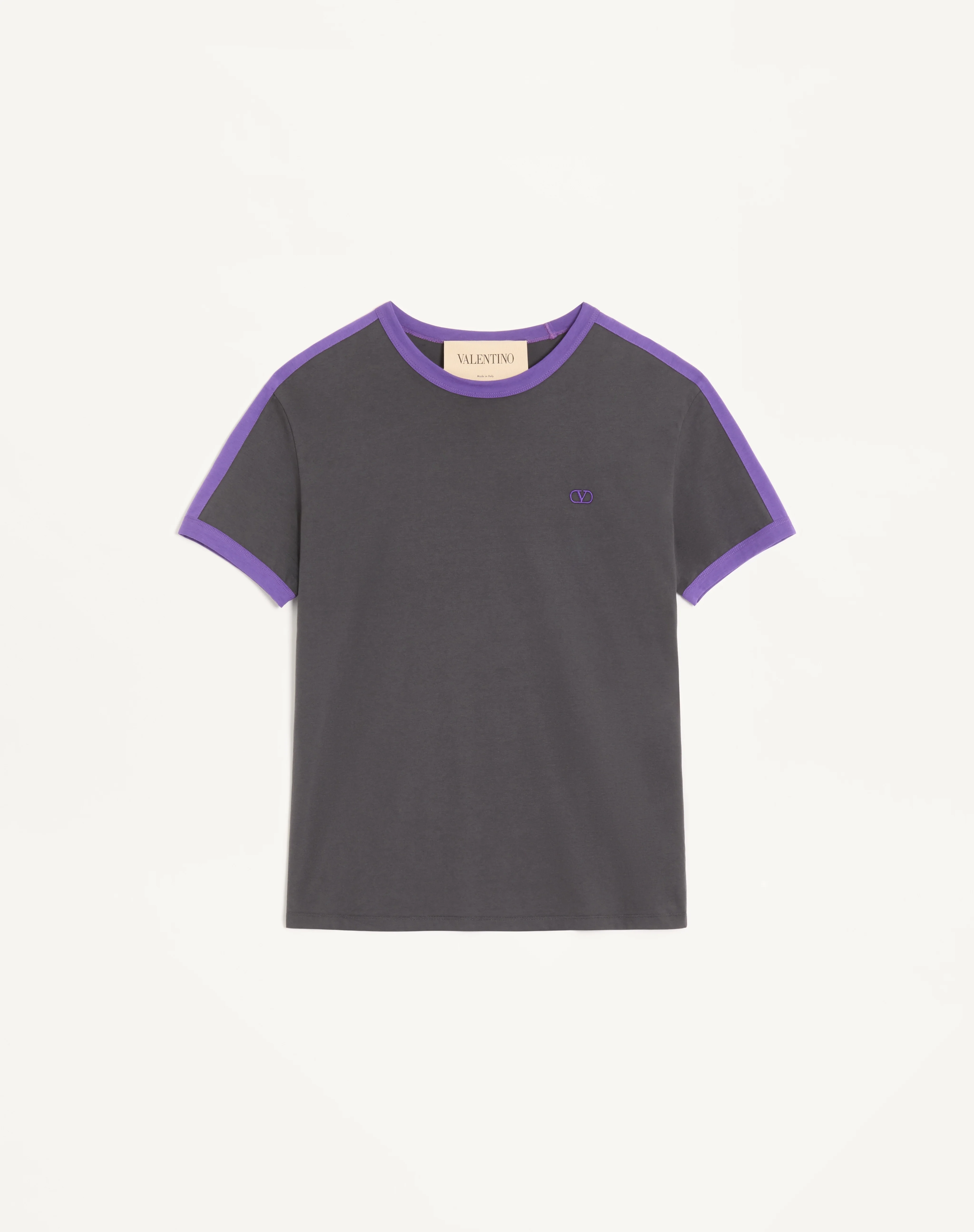 VALENTINO COTTON T-SHIRT WITH CREW NECK, CONTRASTING SIDE BANDS AND VLOGO EMBROIDERY - 1