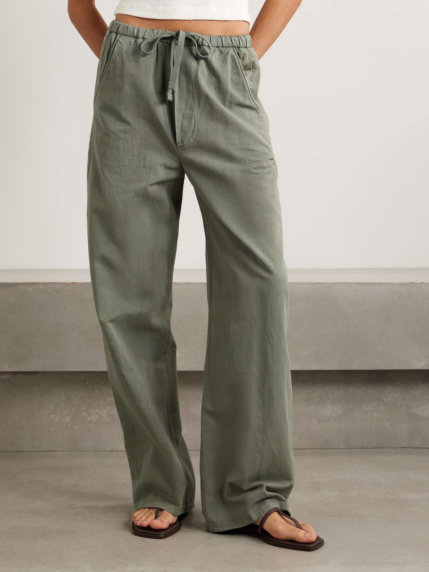 Aurora cotton and linen-blend wide-leg pants Army green - 3