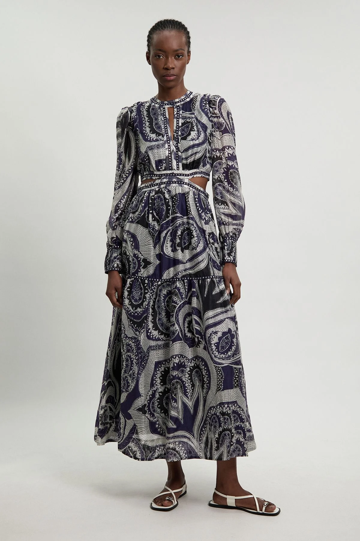 Mono Floral Printed Studded Detail Maxi Dress - 1