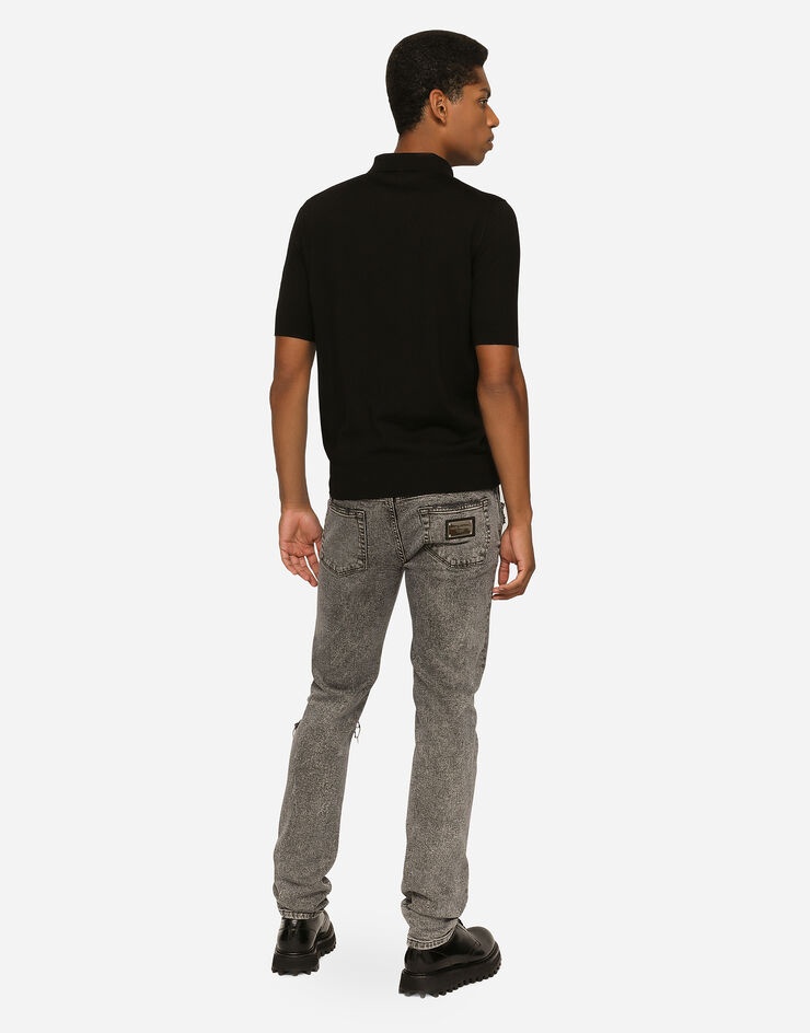 Light gray slim-fit stretch jeans with rips - 3