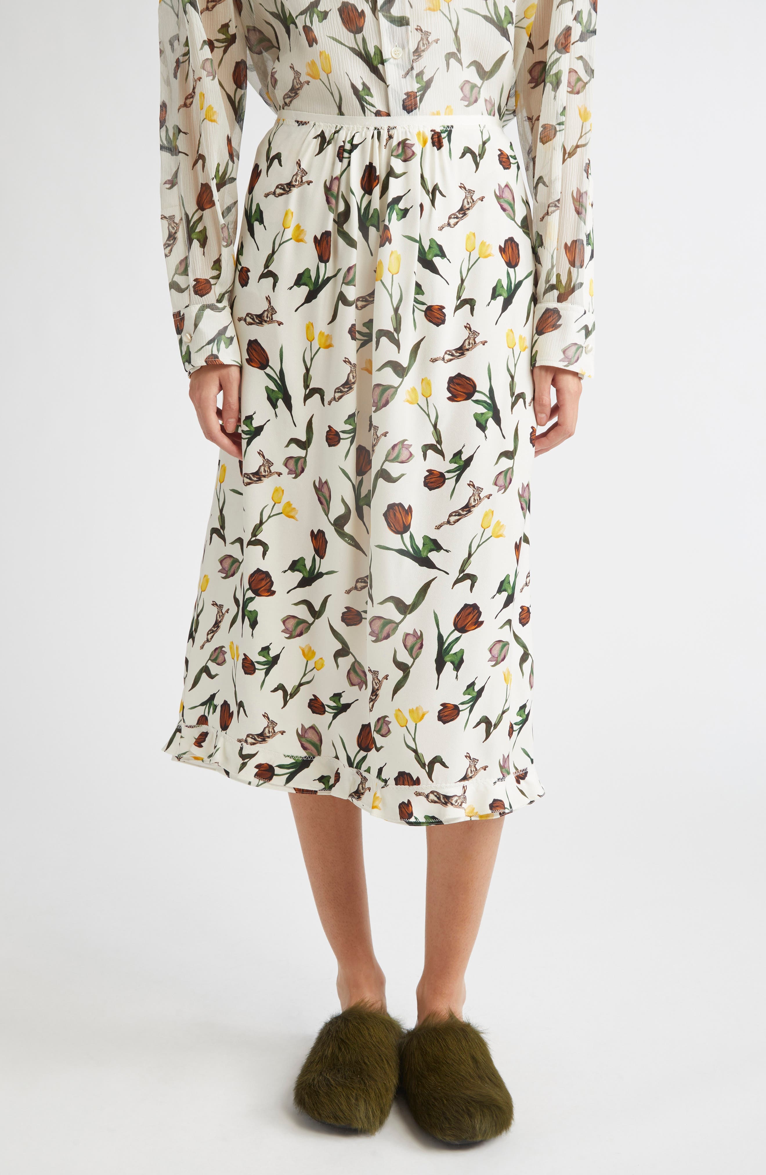 Marni Tulips & Hares Ruffle Hem Crepe Back Satin Midi Skirt in Limestone at Nordstrom - 1