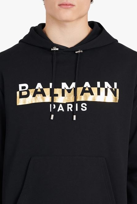 Black eco-designed cotton sweatshirt with white and gold Balmain Paris metallic logo print - 6