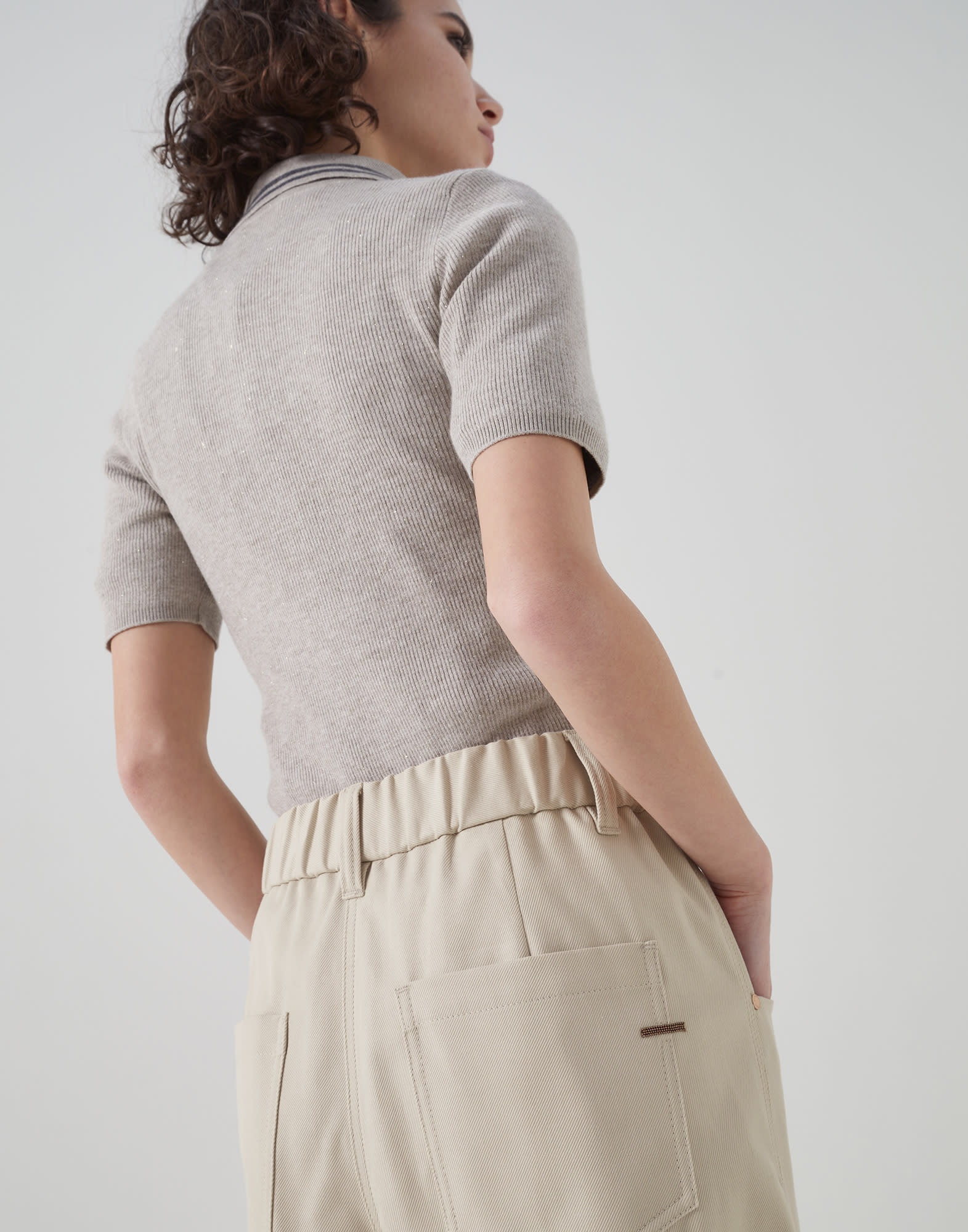 Stretch cotton cover baggy pull-on trousers with shiny bartack - 3