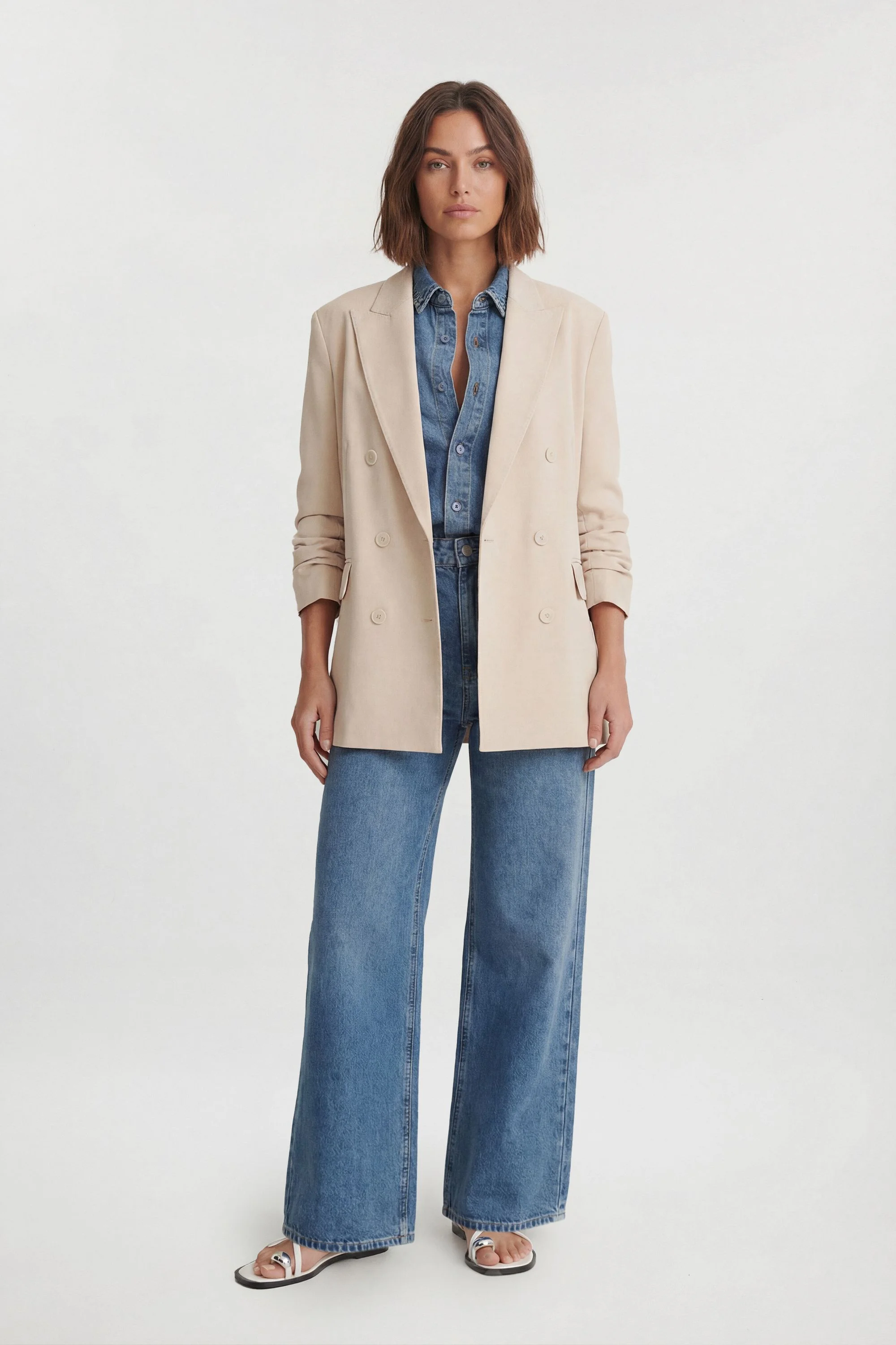 Tailored Double Breasted Ruched Sleeve Blazer - 1