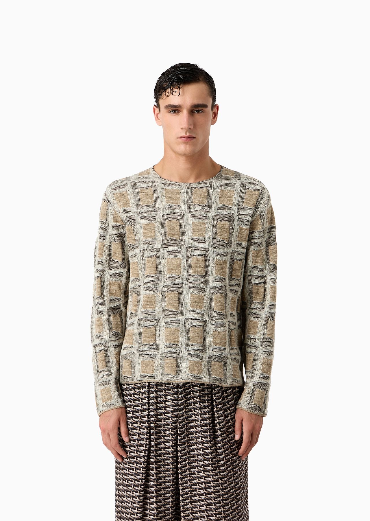 Jacquard linen and virgin-wool blend crew-neck jumper - 2