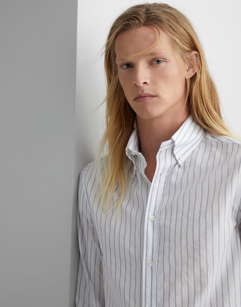 Textured striped cotton slim fit shirt with button-down collar 3