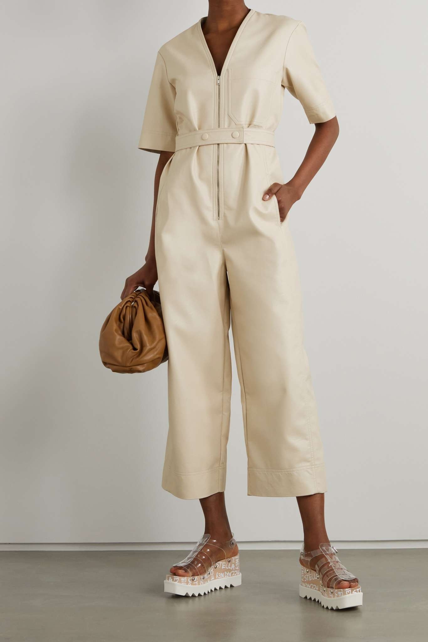 Cropped belted vegetarian leather jumpsuit - 2