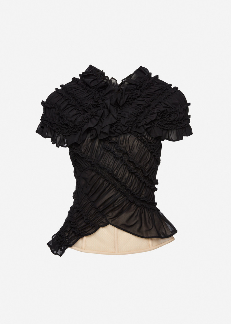 Ruched cotton short sleeve blouse in black 1