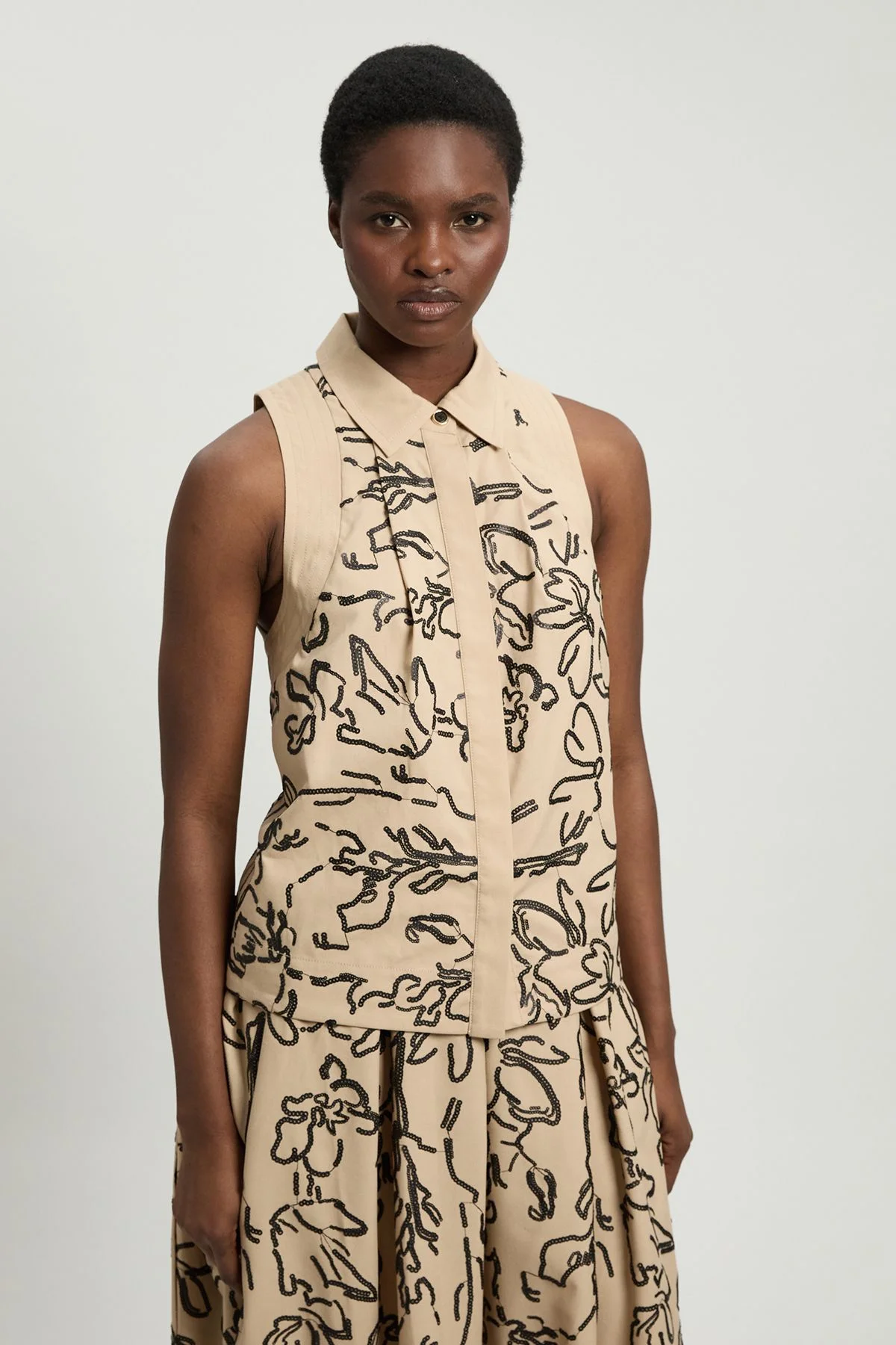 Linen Matte Sequin Collared Top - 1