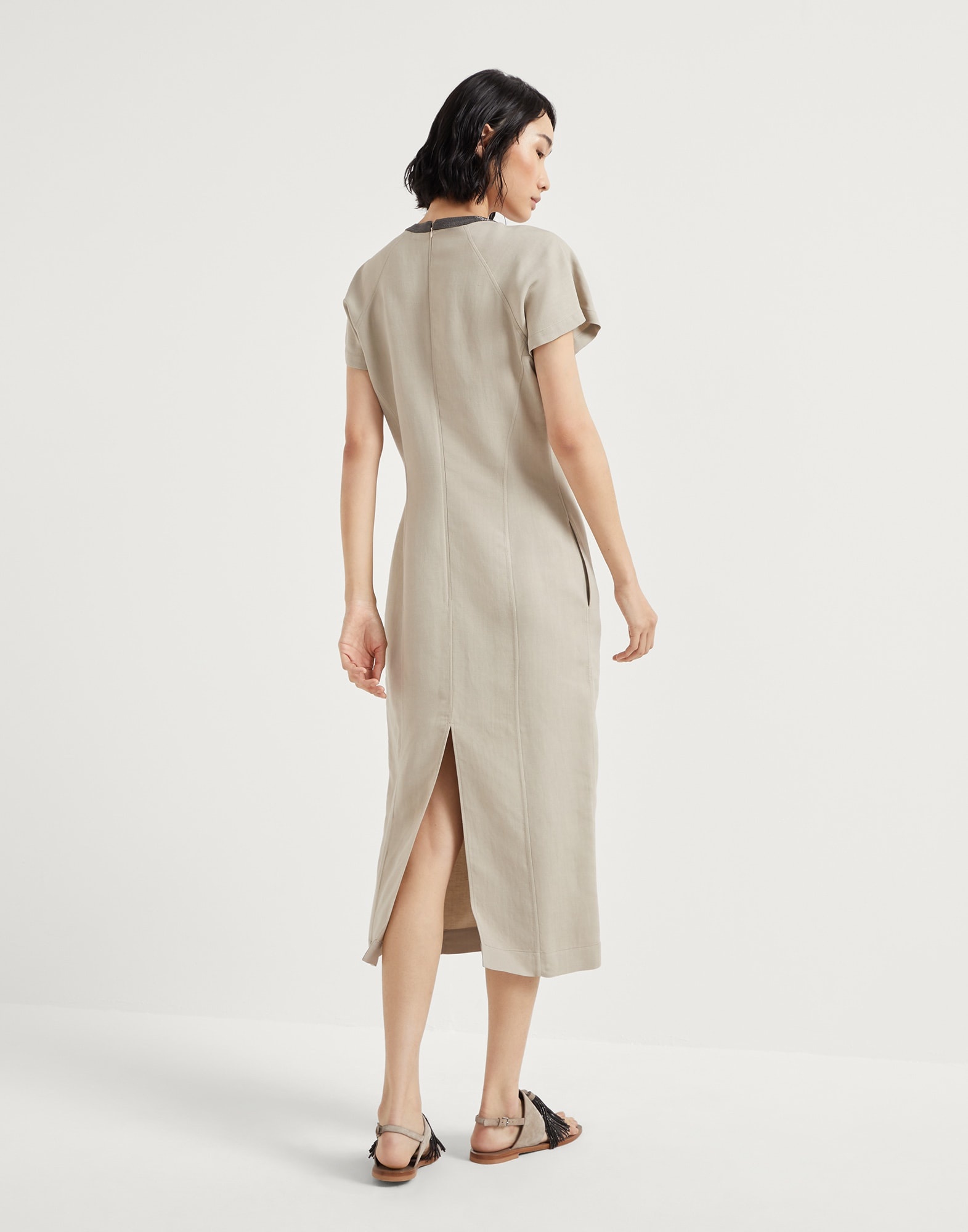 Viscose and linen fluid twill dress with precious collar - 2
