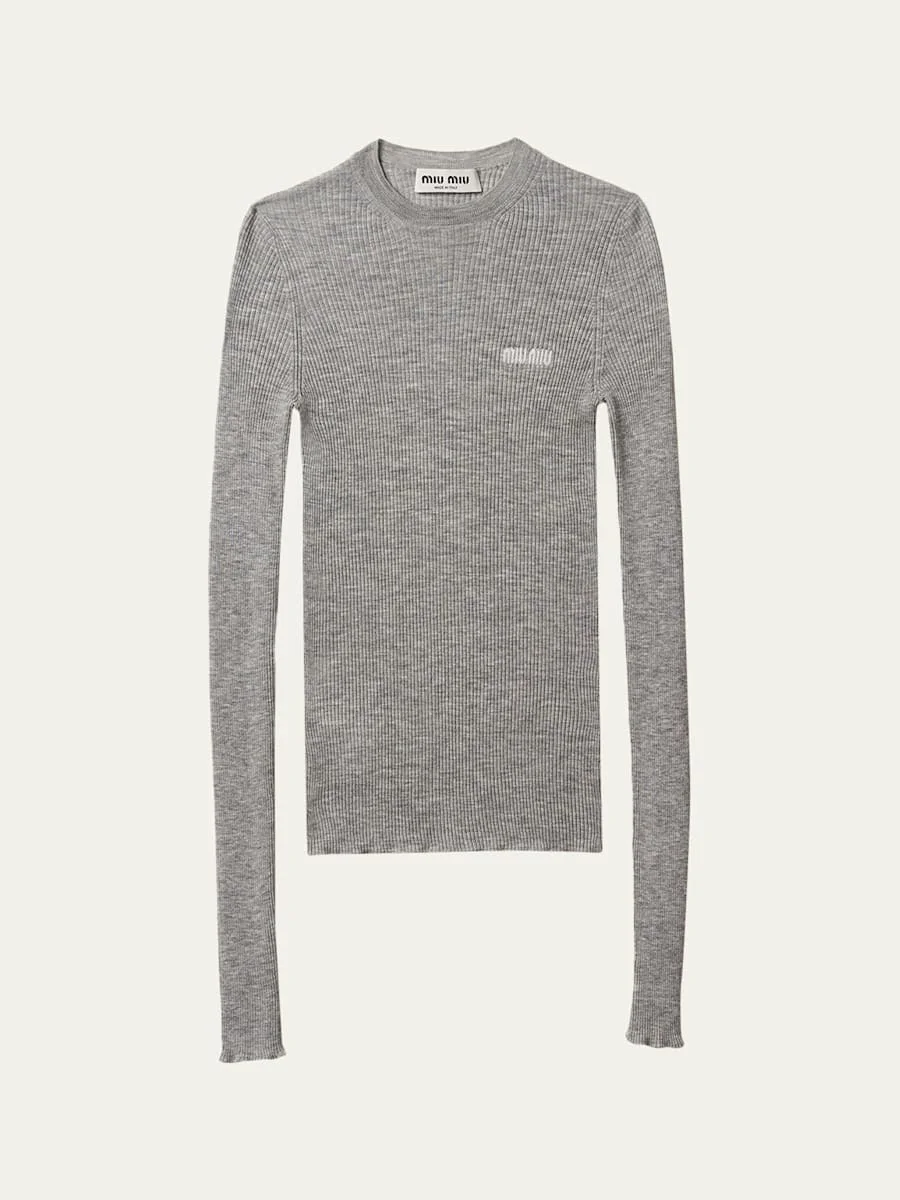 Cashmere-Silk Rib Crewneck Sweater - 1