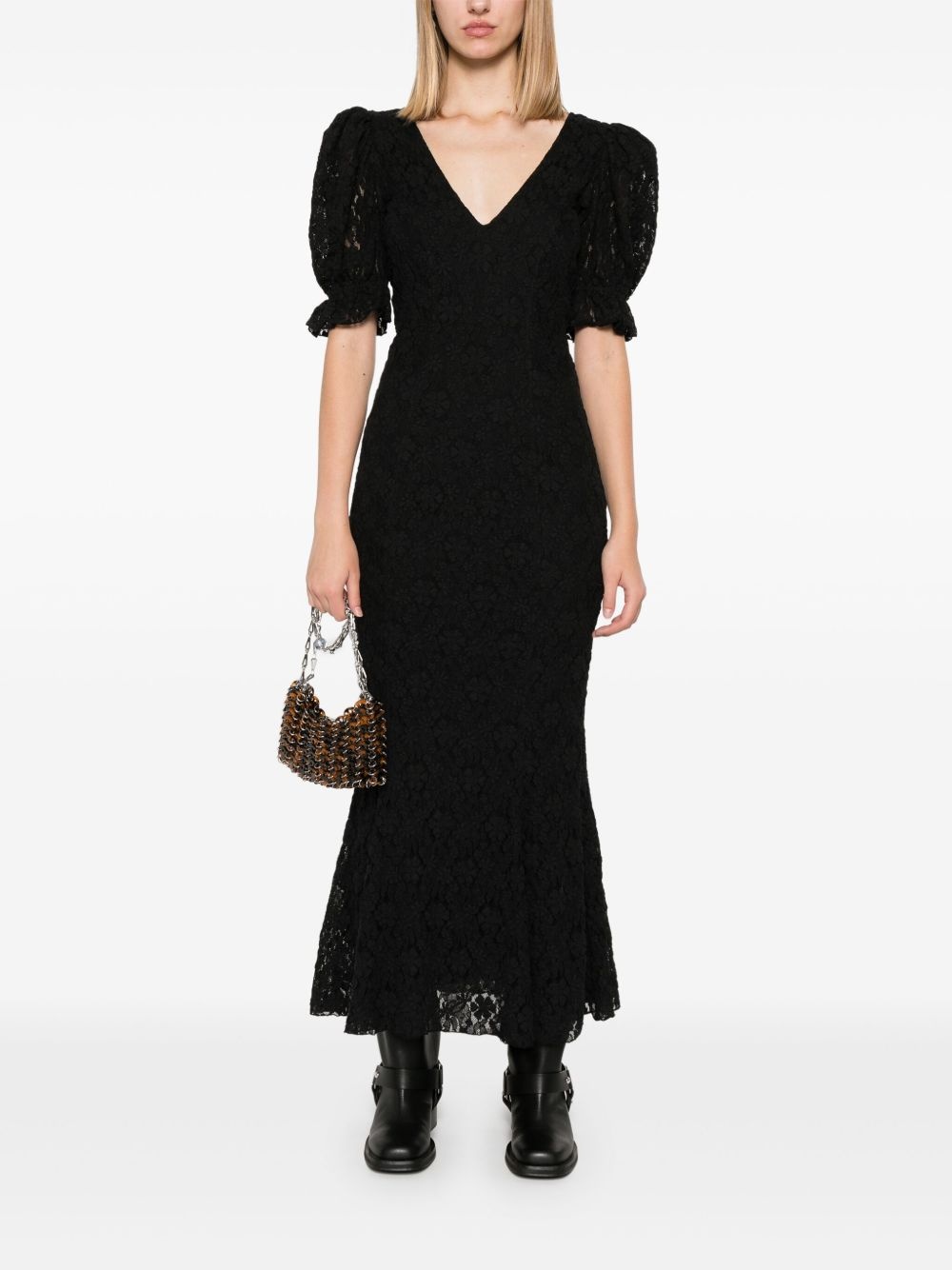 lace puff-sleeves maxi dress - 2