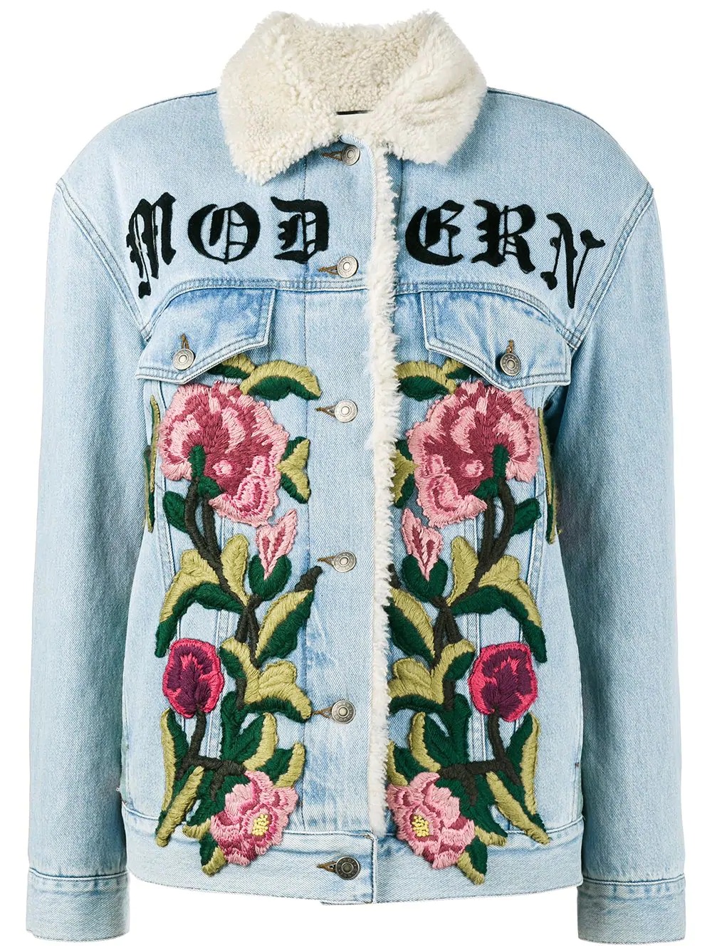 embroidered shearling denim jacket - 1