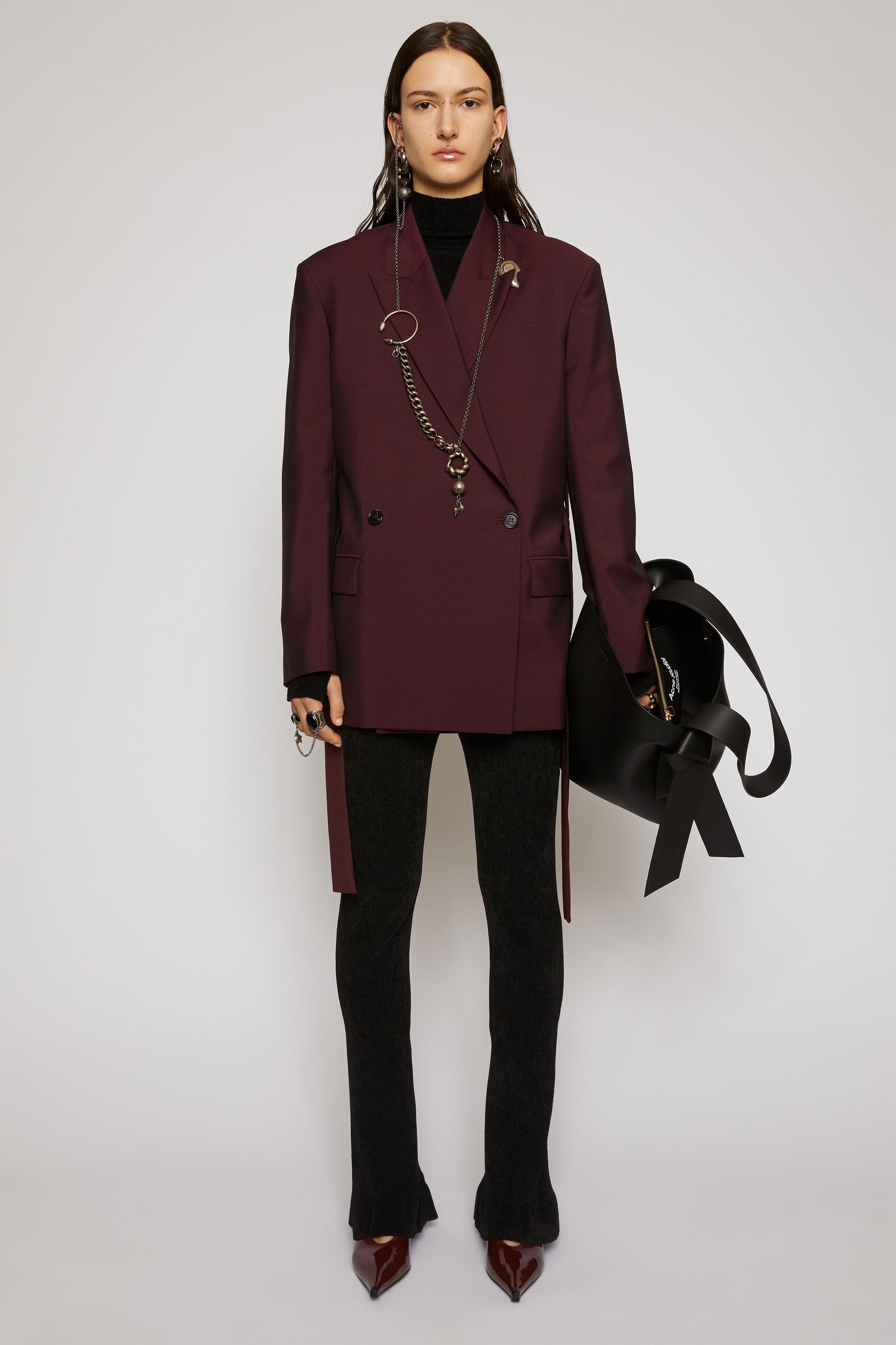 Double-breasted belted jacket aubergine/black - 2