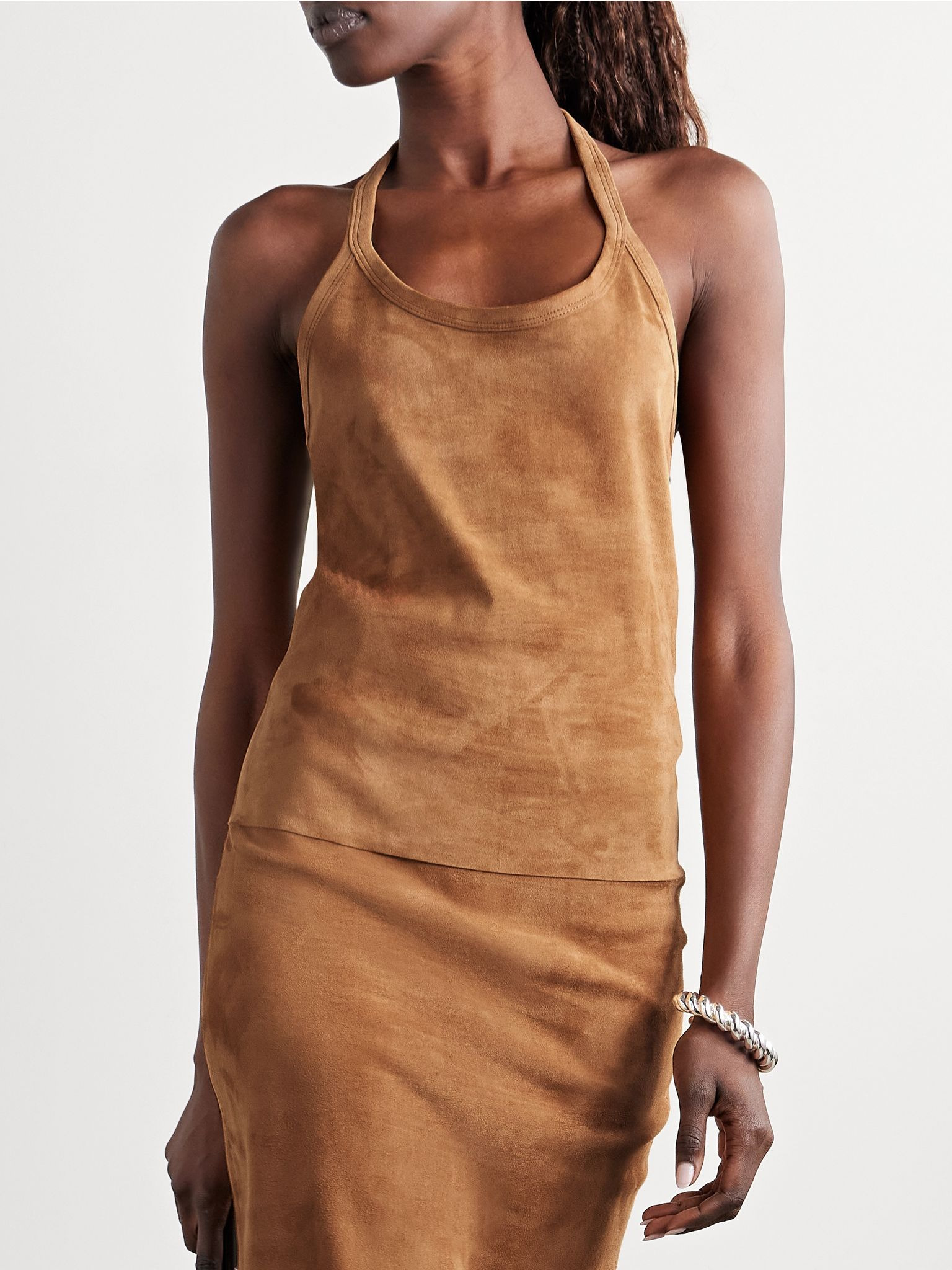Cherry open-back suede halterneck tank Camel - 3
