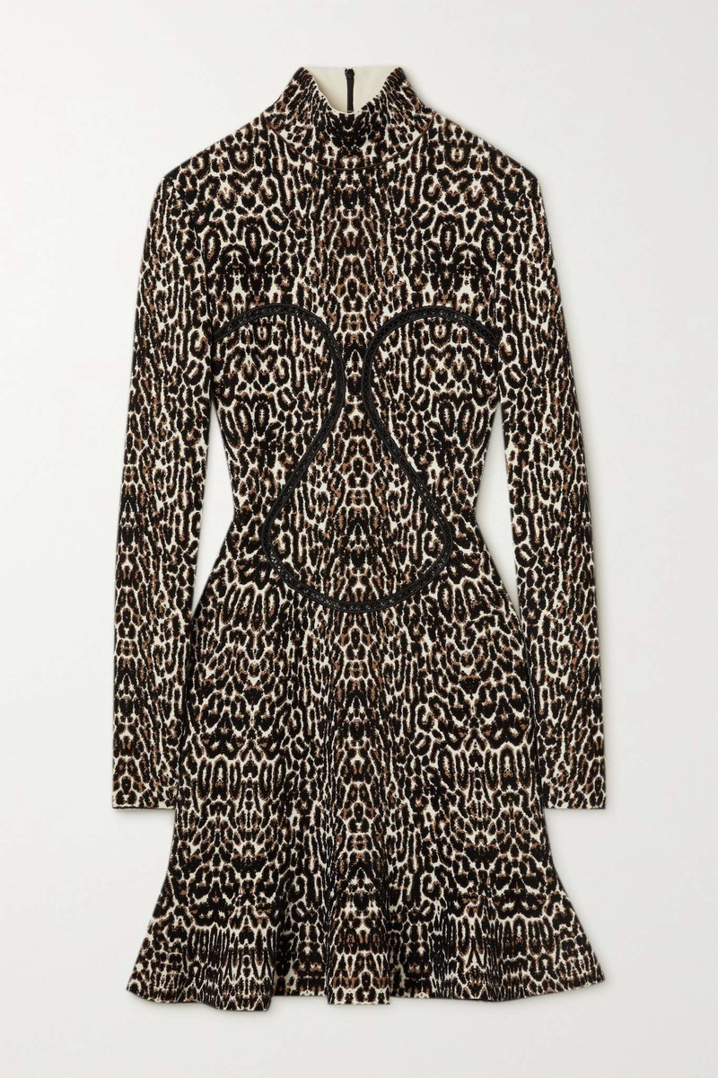 Ruffled leopard jacquard-knit turtleneck mini dress - 1