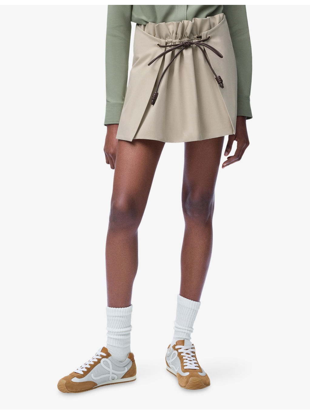 Gathered Tie-Belt Cotton-Silk Woven Mini Skirt - 3