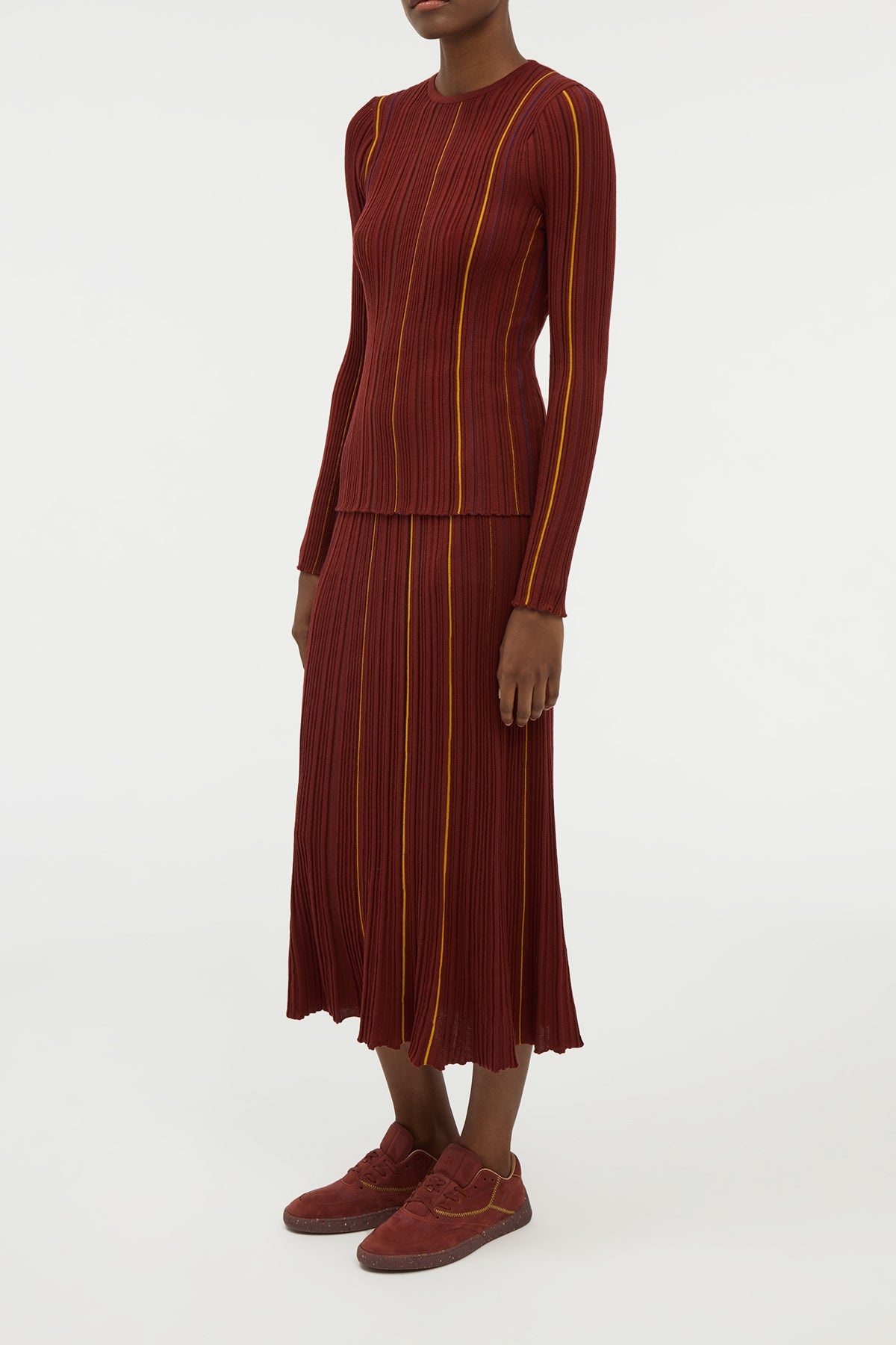 Celeano Pinstripe Knit Midi Skirt Burnt Sienna Merino Wool - 3