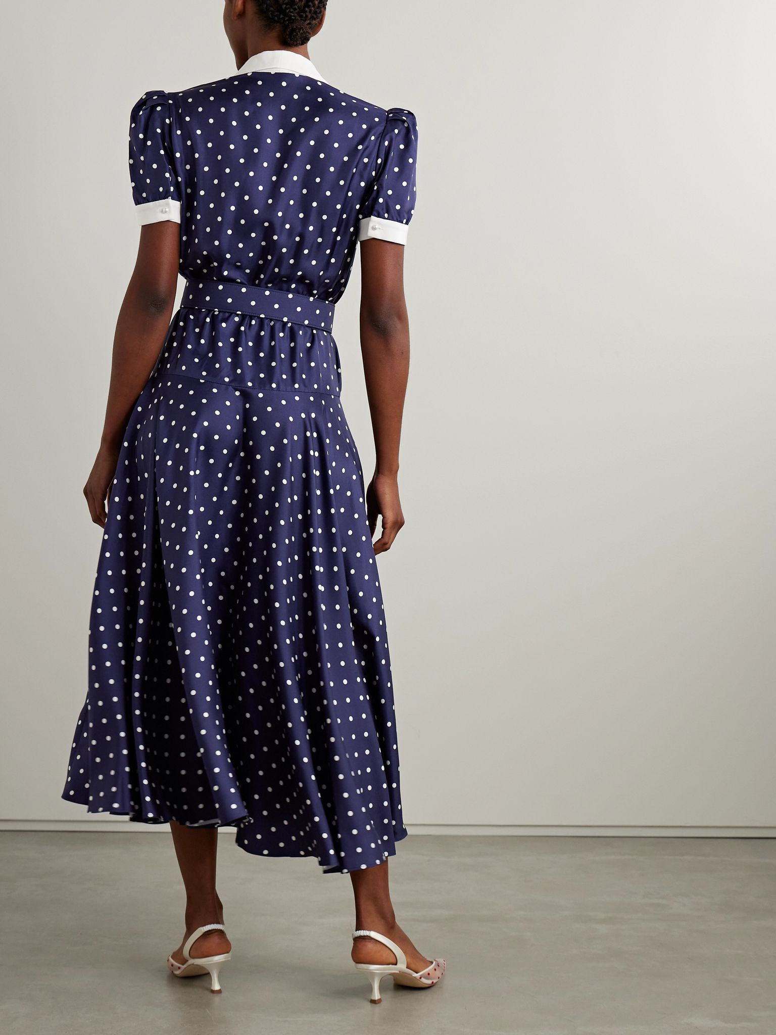 Belted crepe de chine-trimmed polka-dot silk-twill midi dress Navy - 3