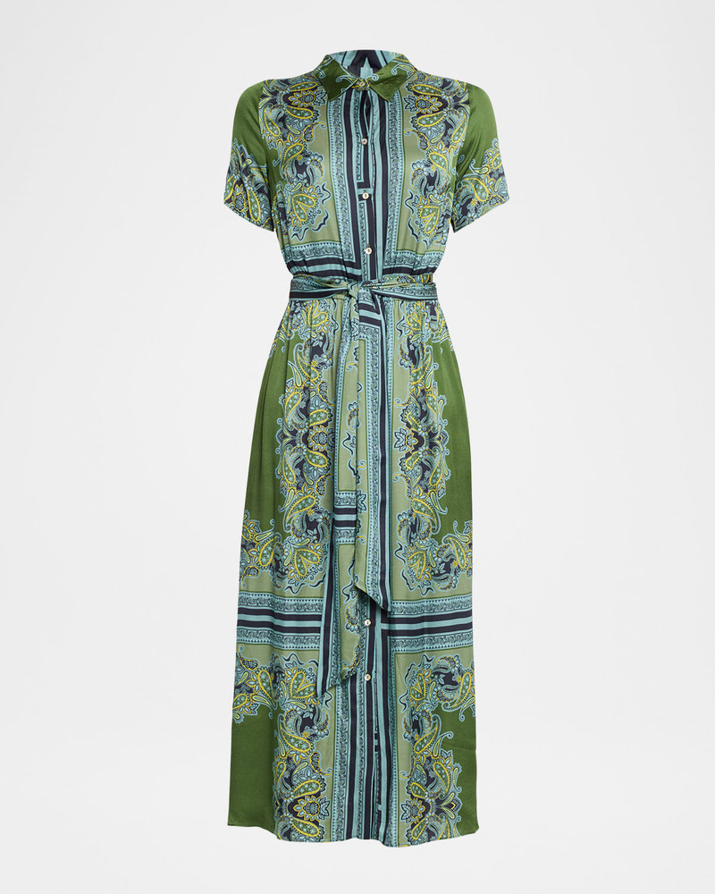 Esmeralda Scarf-Print Satin Midi Shirtdress 1