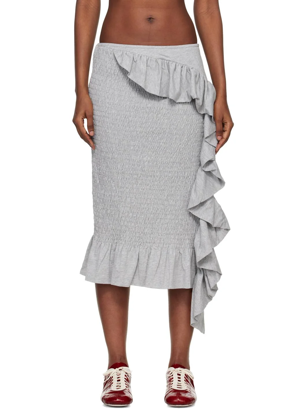 Gray Shirred Ruffle Midi Skirt - 1