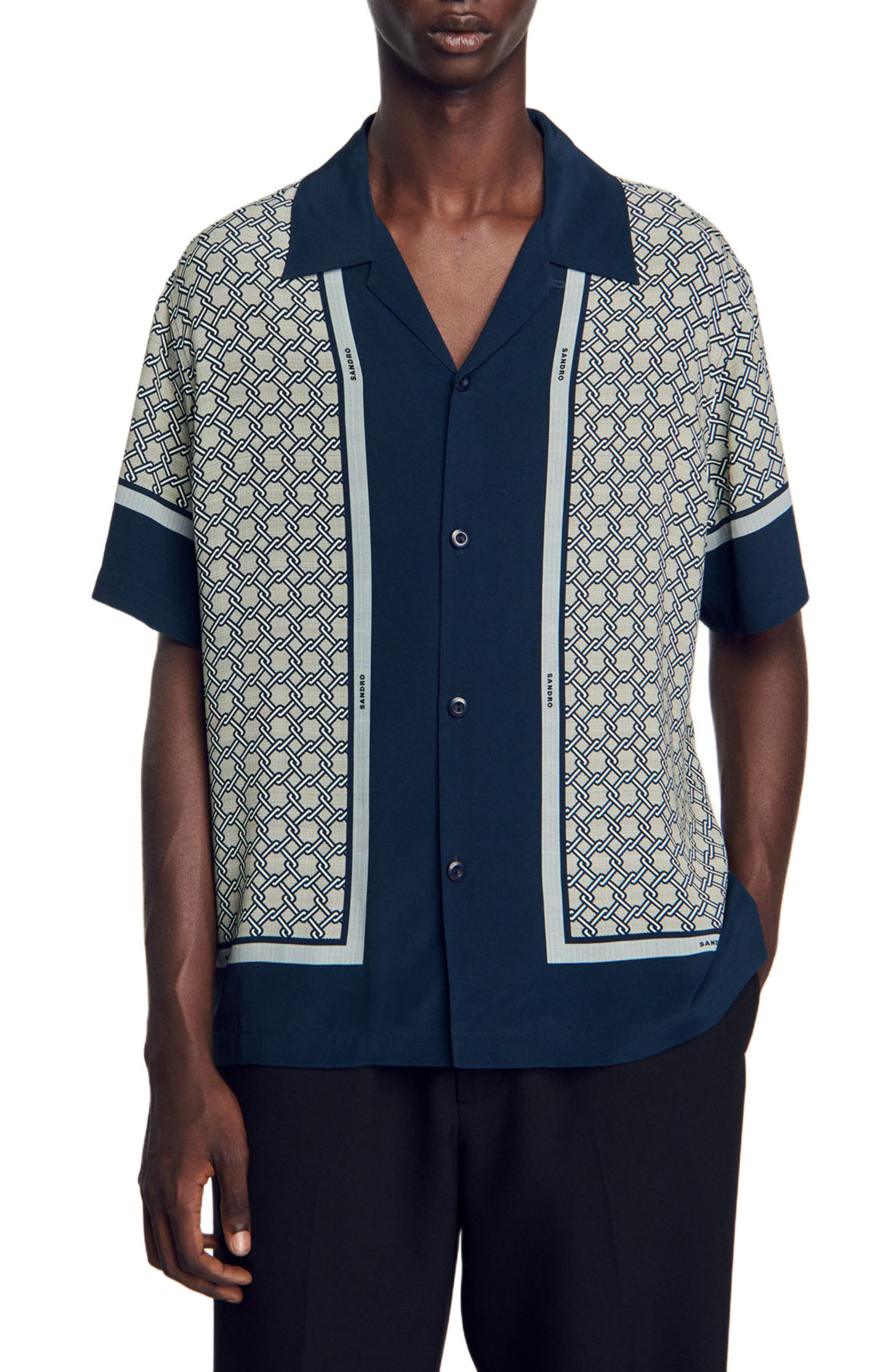 SANDRO Short-sleeved patterned shirt in Dark Blue at Nordstrom - 1