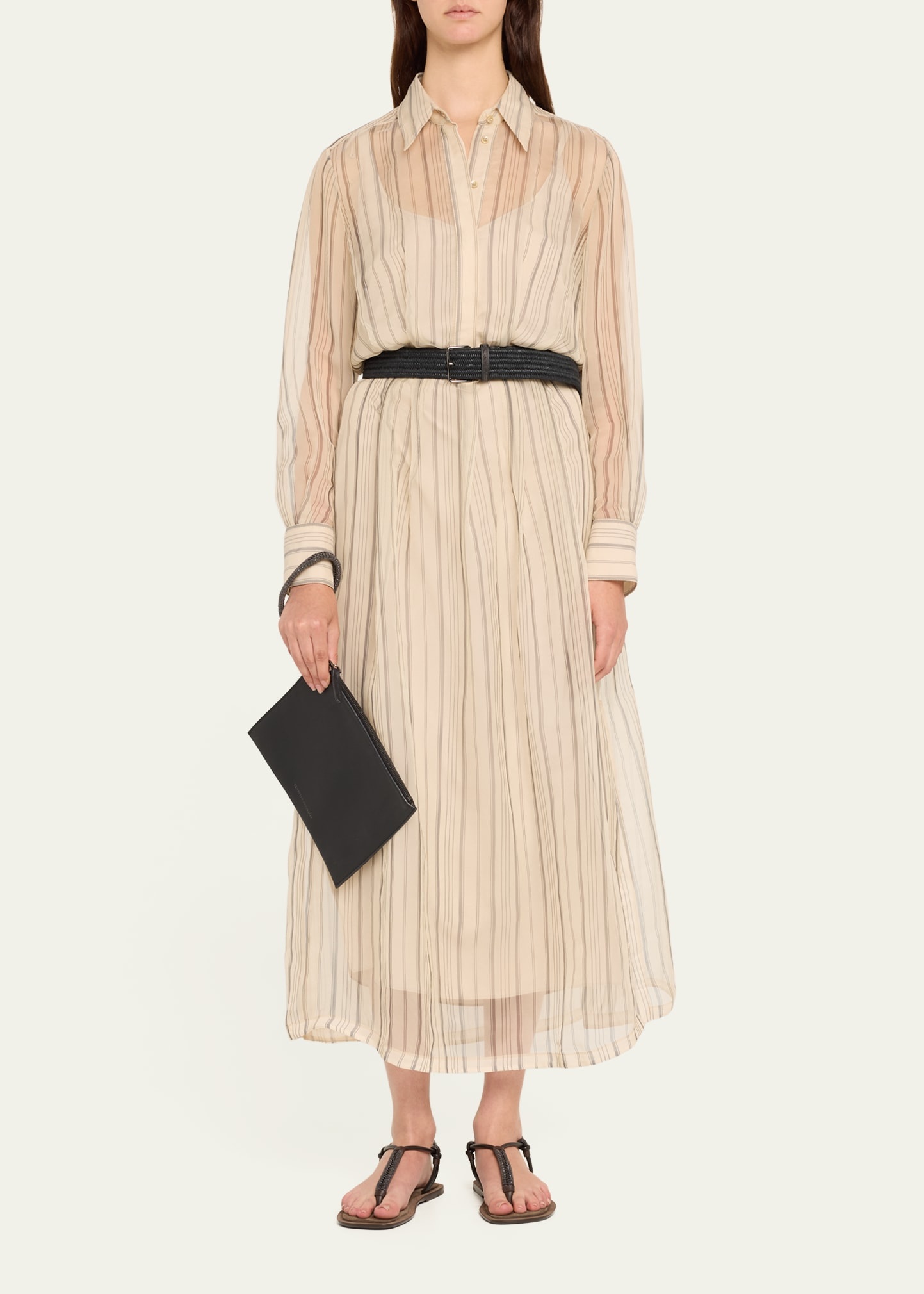 Striped Chiffon Maxi Shirtdress With Monili-Trim Raffia Belt - 2